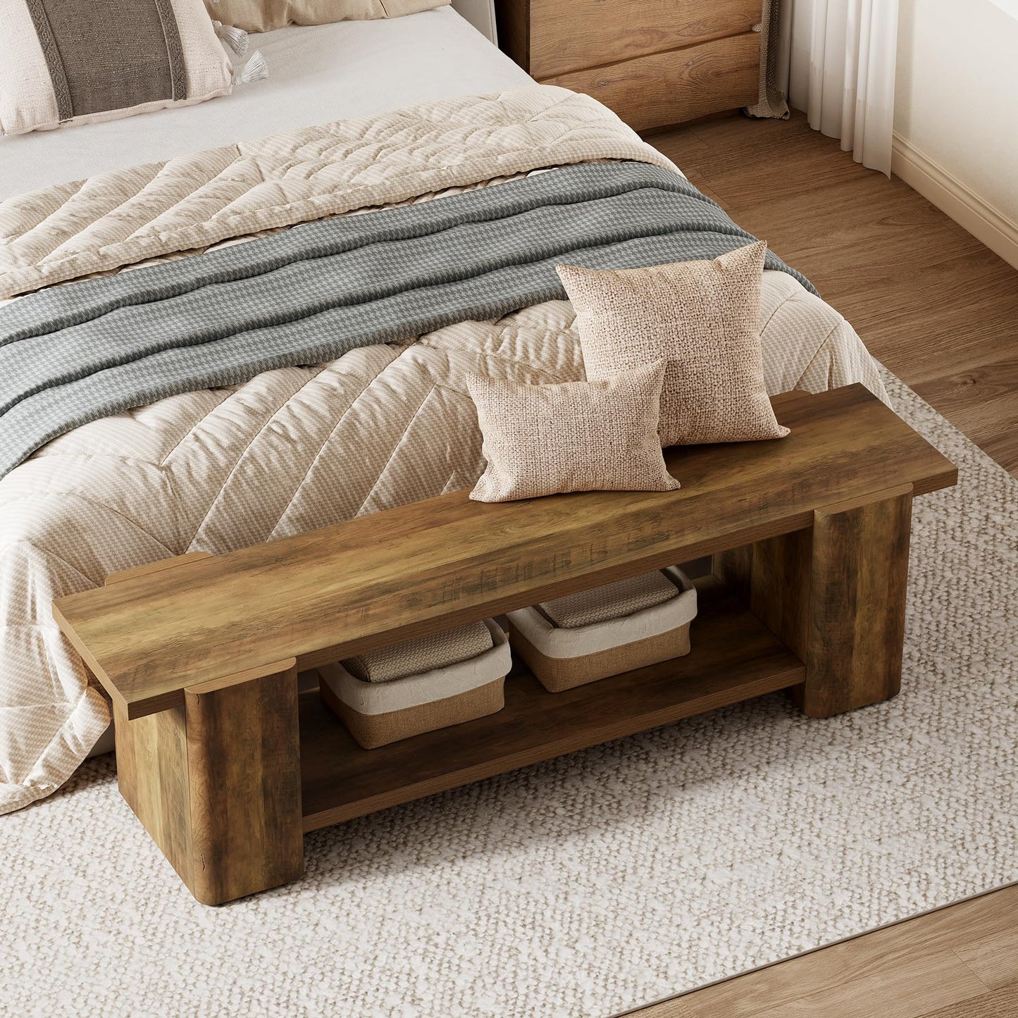LITTLE TREE Wood Entryway Bench, 63" End of Bed Bench with Storage Shelf, Farmhouse Extra Long Shoe Bench for Entryway, Dining Room, Hallway, Living Room, Bedroom, Double-Reinforced Legs, Brown