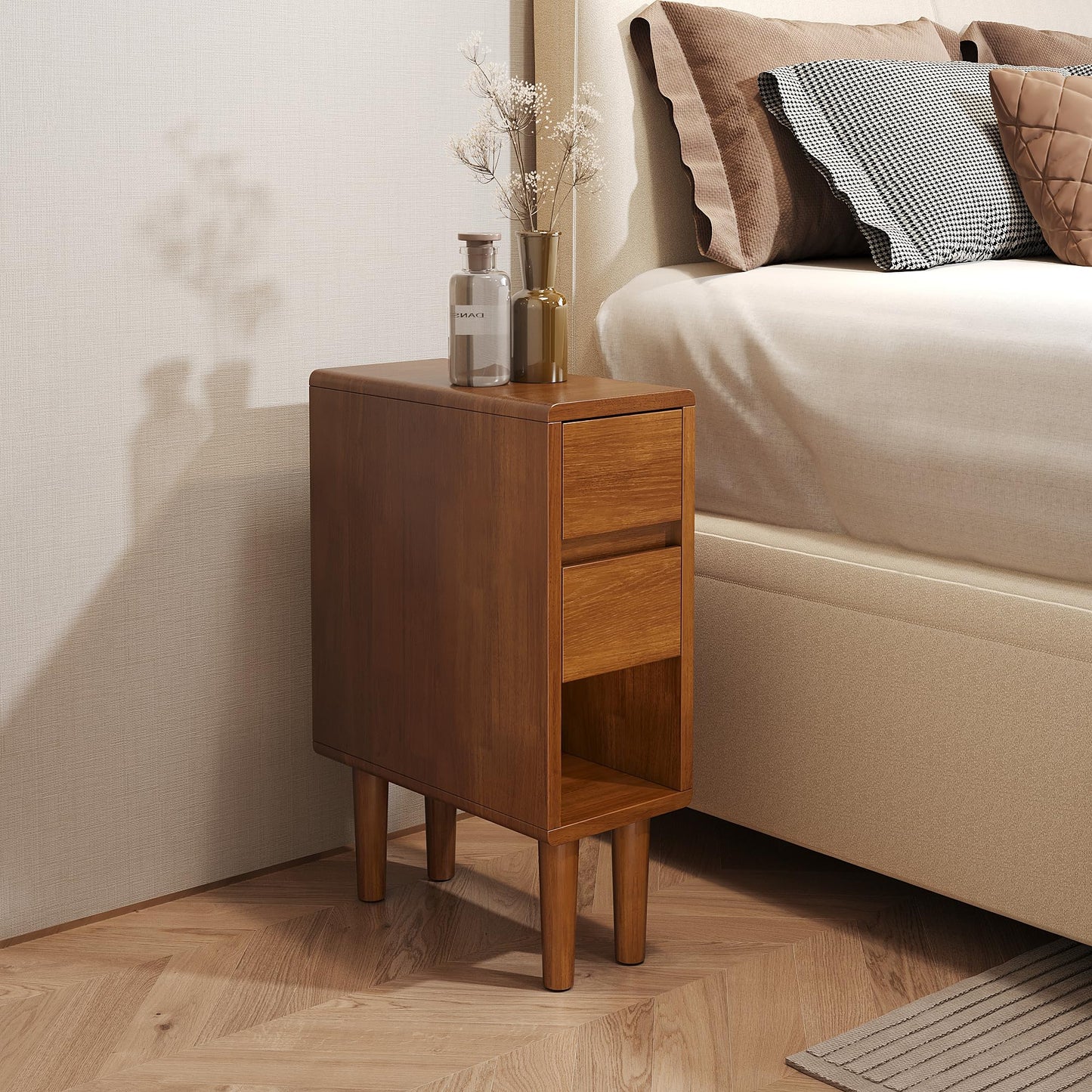 Narrow Nightstand 2 Drawers with Open Shelf Narrow Night Stand Solid Wood Bedside Table Mid Century Modern Nightstand Wooden End Table for Bedroom, Study, Office