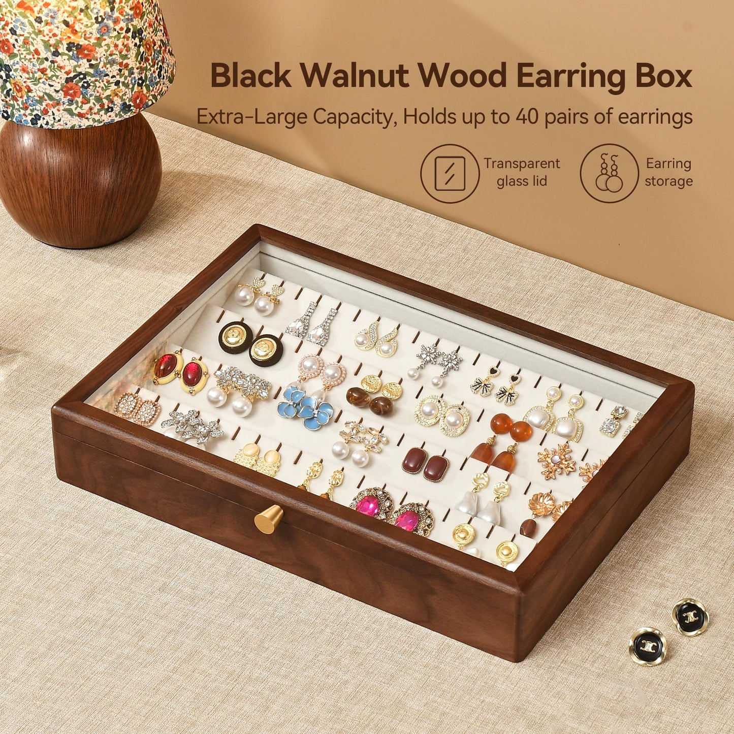 Vwixkuxx Black Walnut Wooden Earring Box, 40 Pairs Earrings Natural Solid Wood Jewelry Organizer Tray with Clear Glass Lid, Desktop Velvet Lined Holder Display Case for Women Girls Gifts for Mom.