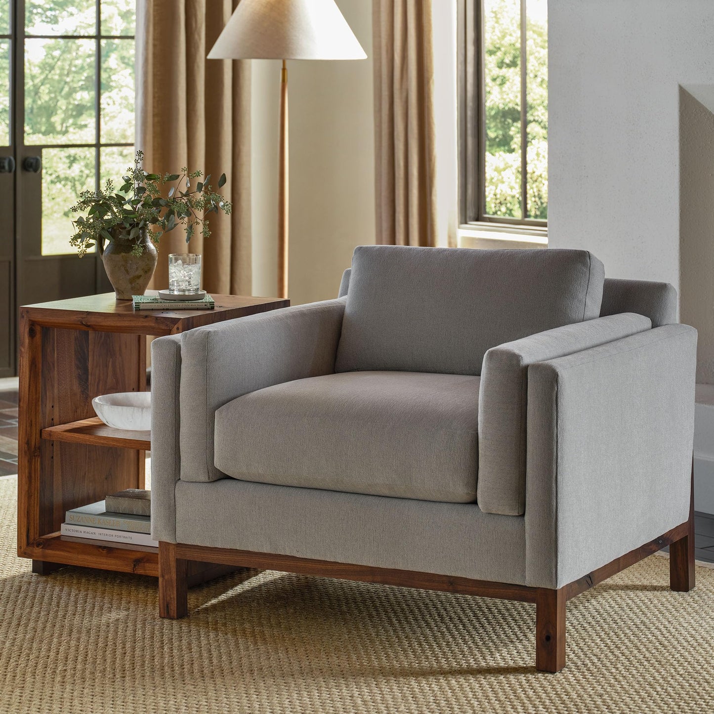 Stickley Saranac Chair, Lounge Chair, Solid Rustic Walnut Base, Sustainable Construction, Sewn-in Pillows, Sustainable Easy-Care Fabric, Square Legs, Made in USA