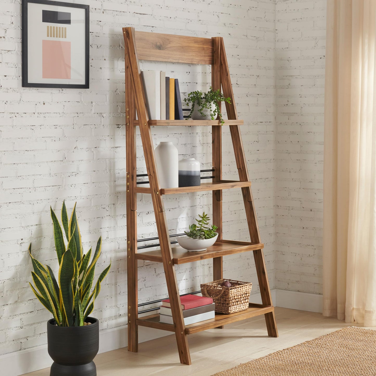 Alaterre Furniture Ladder Bookshelf - Freestanding 4-Tier Bookcase with X-Back Frame - Shelves for Living Room, Kitchen, Bedroom, and Office (Walnut)