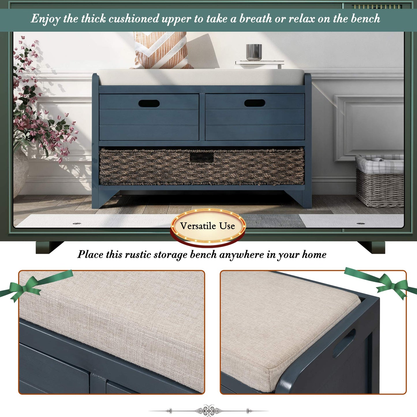 Brisca Wood Storage Bench with 1 Removable Basket and 2 Drawers,Fully Assembled Shoe Stool,W/Removable Cushion,for Hallway,Entryway,Bedroom,Living Room,Navy