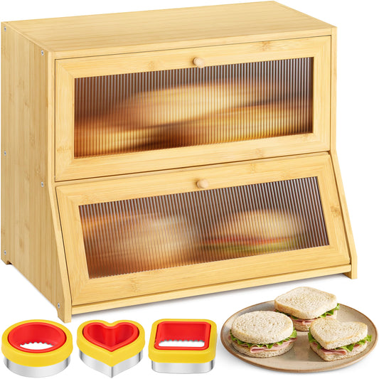 Boulora Large Bread Box for Kitchen Countertop - Bamboo Wooden Bread Box, Vintage Breadbox Countertop Cabinet, Double-Layer XL Sourdough Holder, Ventilated Clear Windows, Cutters & Sealers