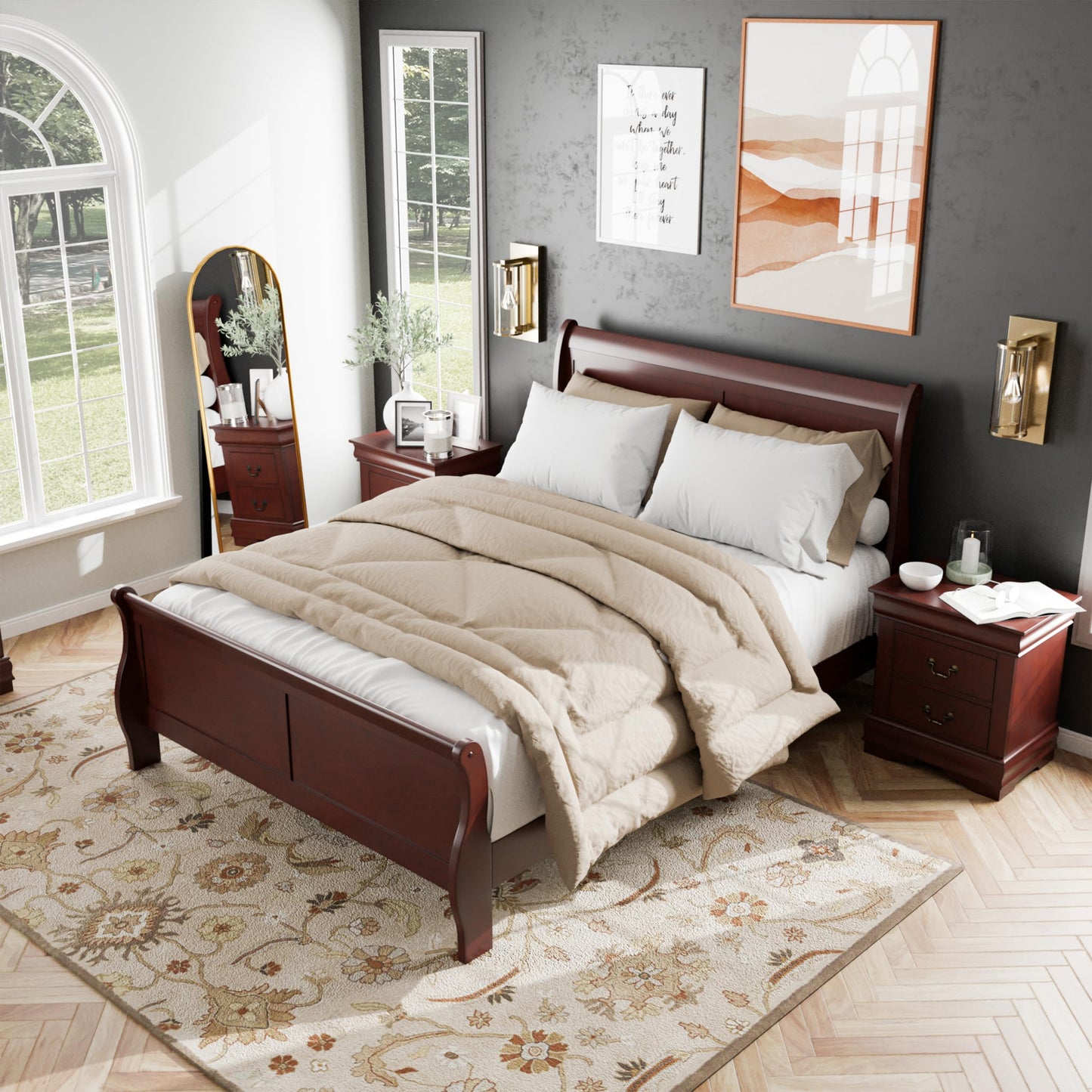 Furniture of America Louis Philippe Traditional Solid Wood 3 Piece Bedroom Set, Queen Bed Frame and Nightstands Set of 2, Sleigh Design Bedframe with Headboard and Footboard, Box Spring Needed, Cherry