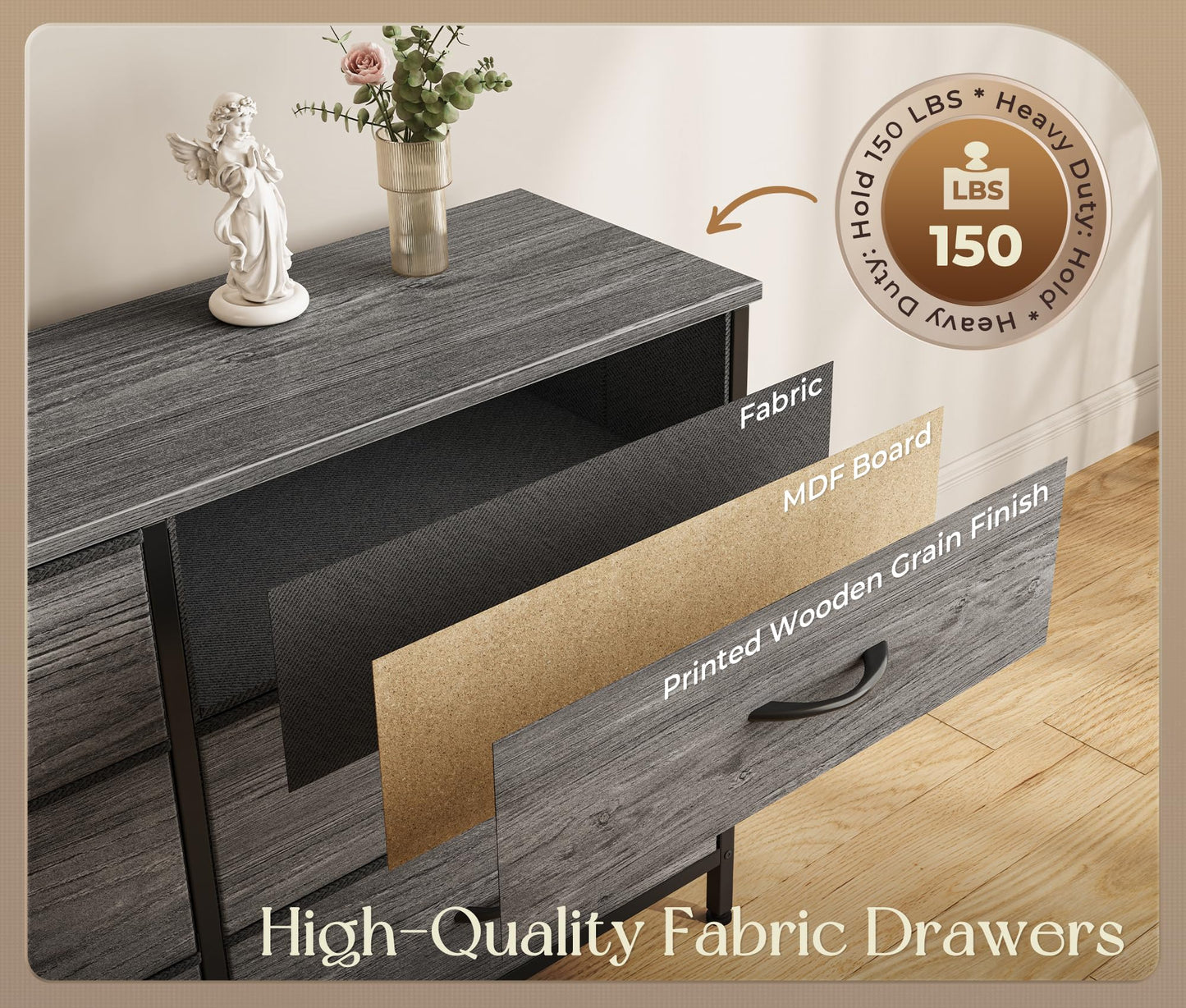 Huuger 86.6 Inch Dresser for Bedroom, TV Stand for 65, 75, 85 Inch TV, 15 Fabric Drawer Long Dresser, Large Entertainment Center for Bedroom, Wide Chest of Drawer with Storage, Grey