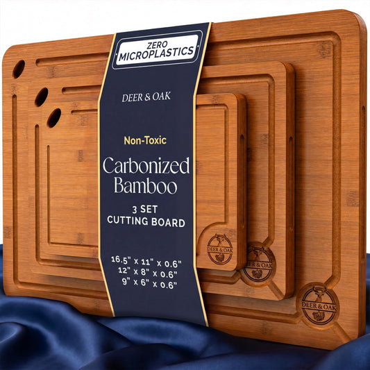 Pre-Oiled, Non Toxic 3-Piece Carbonized Bamboo Cutting Board Set, Eco-Friendly Wooden Chopping Boards for Kitchen with Hanging Hole, 500°F Carbonized Technology Charcuterie Serving Boards Deer & Oak