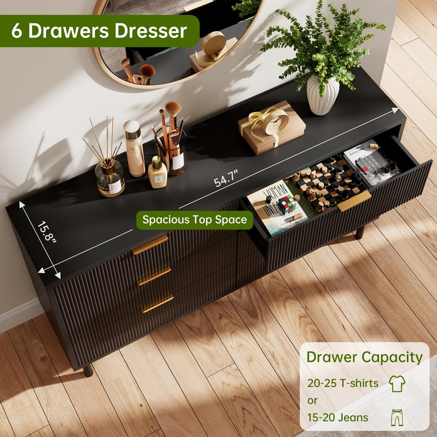 Garvee 29.9'' Tall Fluted Closet Dresser Organizer with 6 Drawers,Black