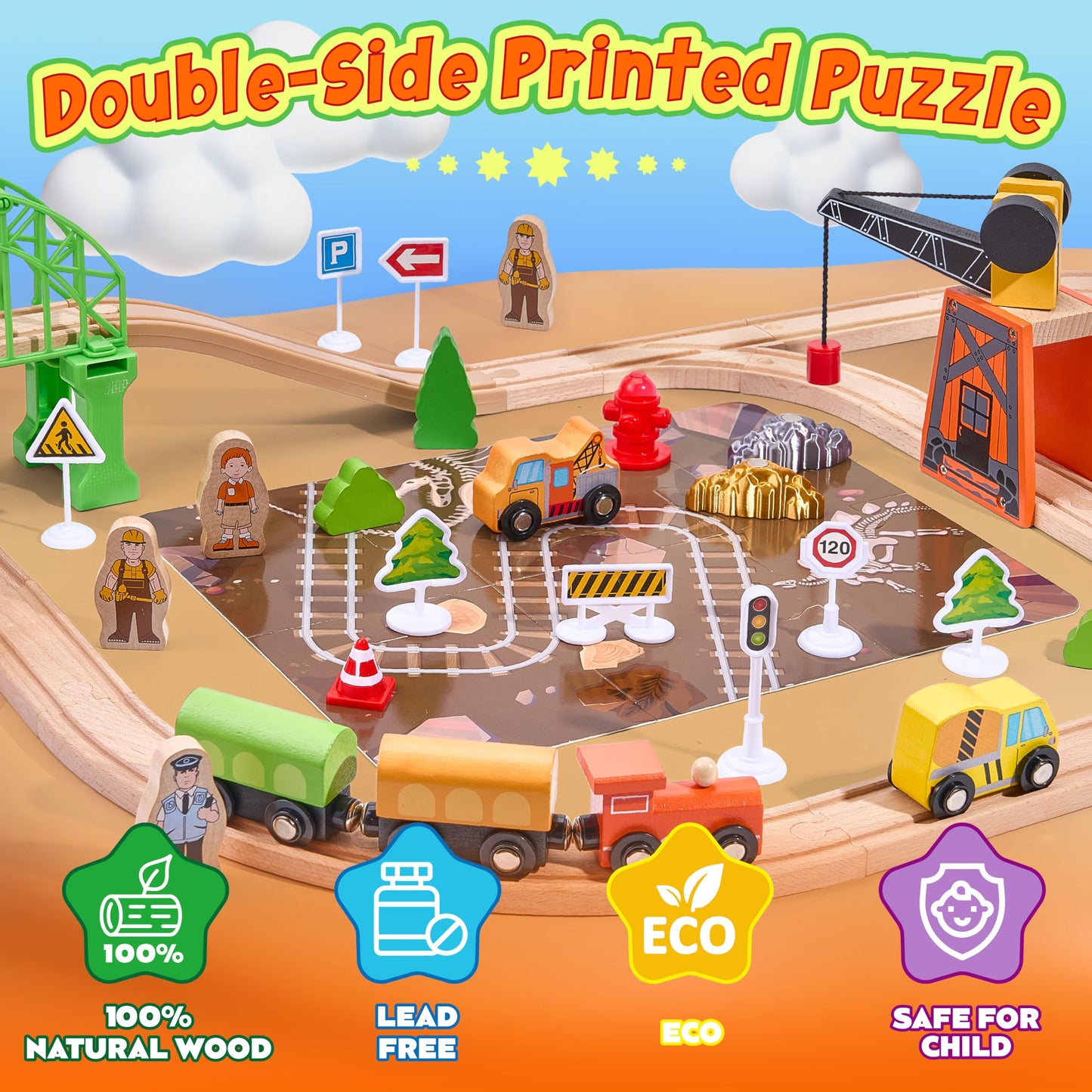Wooden Train Set 102-Piece for Toddlers Kids Ages 3-8, Double-Sided Expandable Train Track with Puzzles & Magnetic Crane Toys, STEM Railway Playset Gifts Compatible with Major Brands for Boys Girls