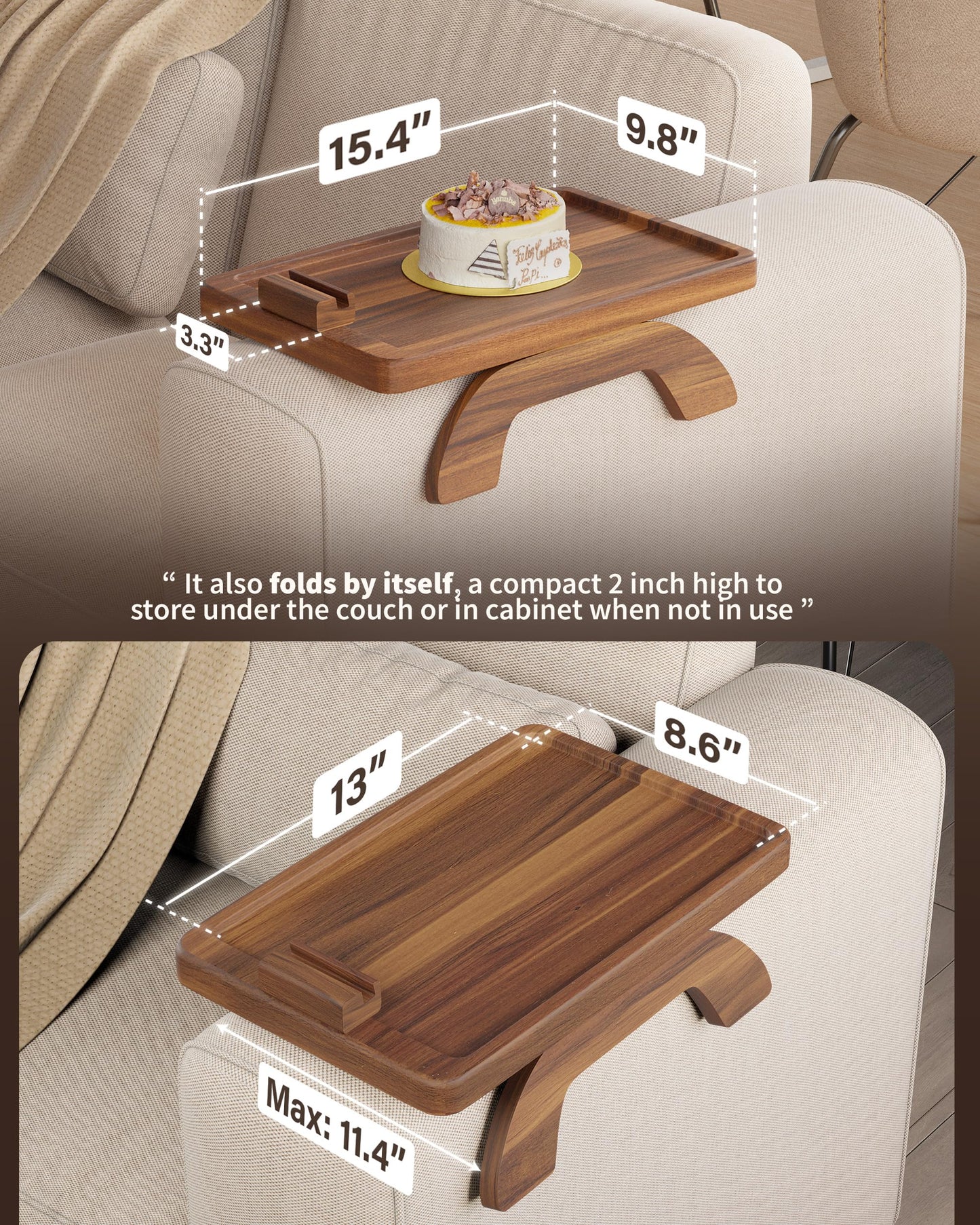 BLUEWEST Sofa Armrest Tray,15.4''x9.8'' Acacia Wood Couch Arm Clip on Tray Table with 360° Rotating Phone Holder Fits Most Couch Arm Sizes–Non-Slip, Arm Table for TV Dinners, Remote, Drinks & Snacks