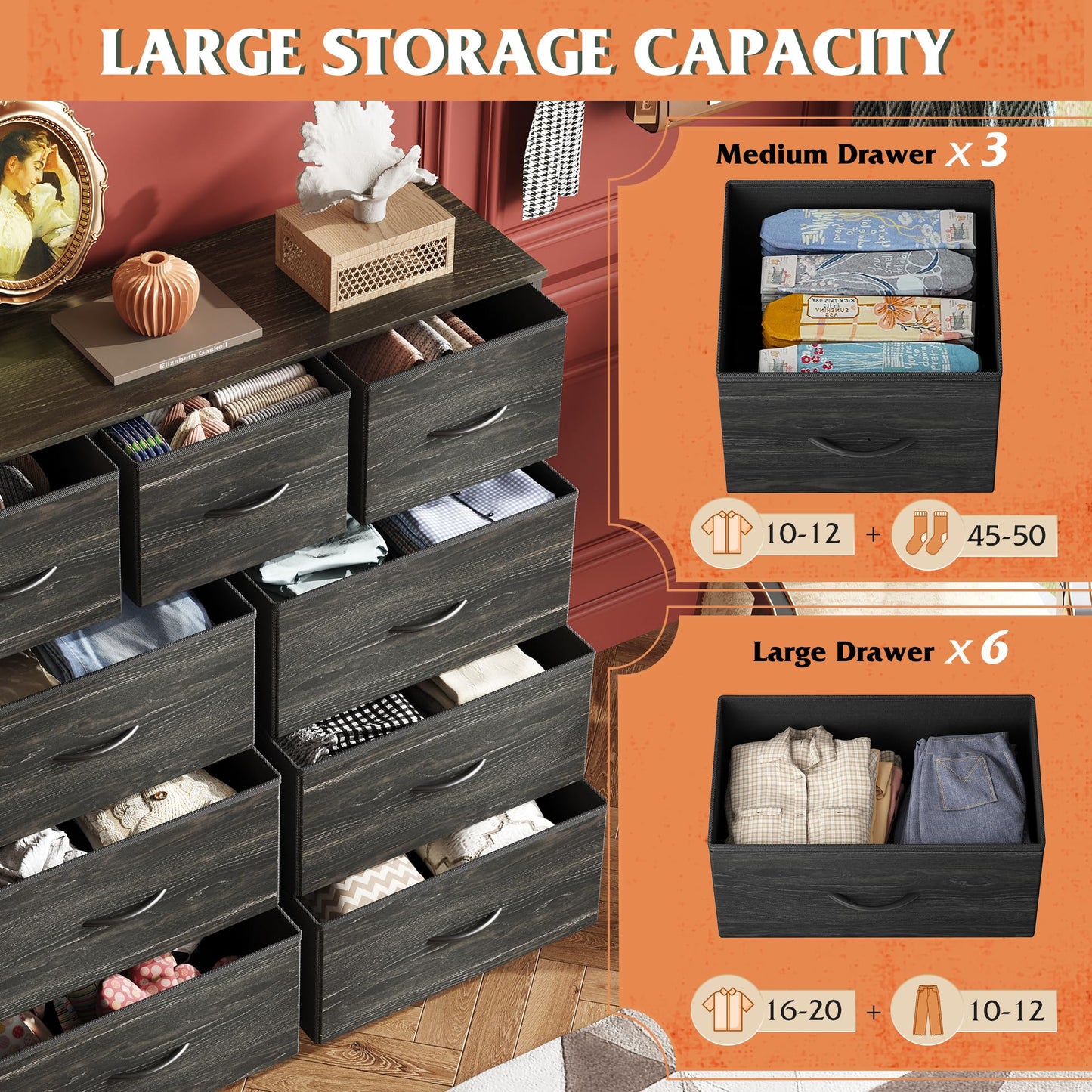 WLIVE 3 Drawer and 9 Drawer Dresser Set, Dresser for Bedroom, Closet, Hallway, Storage Organizer Unit, Dressers & Chests of Drawers with Fabric Bins, Charcoal Black Wood Grain Print