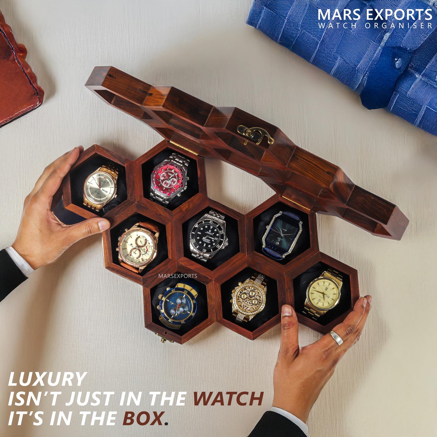 Mars Exports Wooden Watch Organizer Case with Glass Lid | 8 Slot Men’s Watch Storage Box – Dark Rosewood Finish | Elegant Watch Holder for Travel & Gift for Watch Lovers