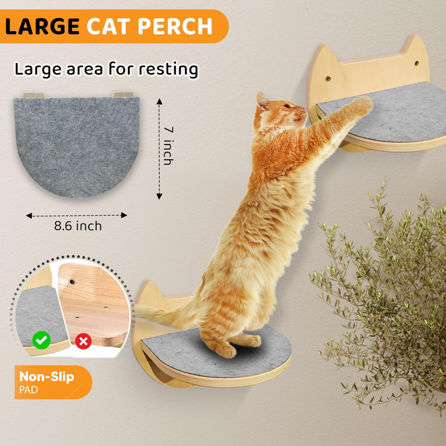 BUOGA Cat Wall Shelves – 3 Steps Climbing Furniture & Perch for Indoor Cats up to 30lbs, Wooden Floating Shelf with Non-Slip Pad Bed, Modern Corner & Wall Mounted for Playing and Lounging - Natural