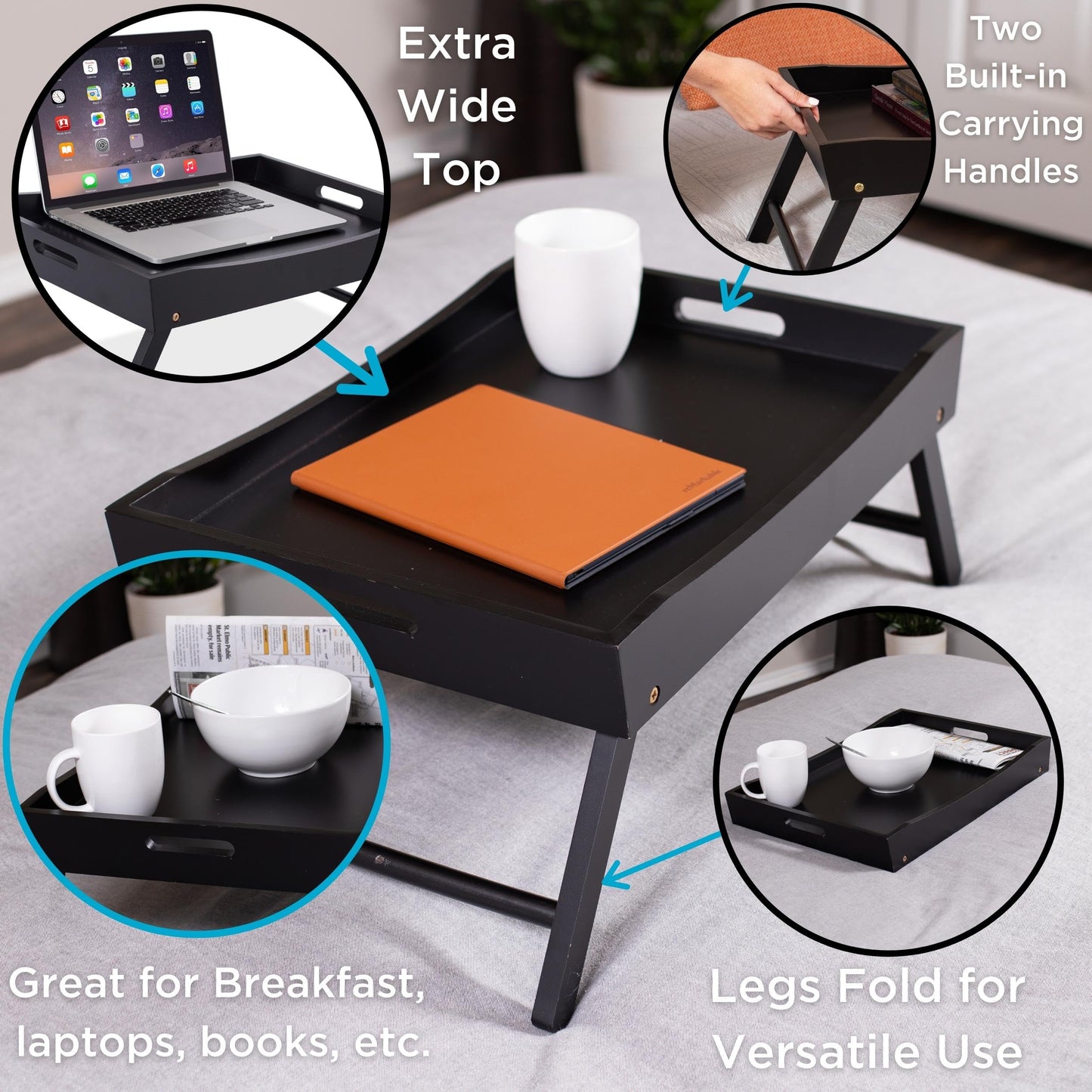 BIRDROCK HOME Wood Bed Tray for Eating | TV Tray with Folding Legs | Wide Breakfast Serving Lap Desk with Sides & Handles | Laptop Table | Foldable Study Writing Table | Adjustable Food Tray | Black