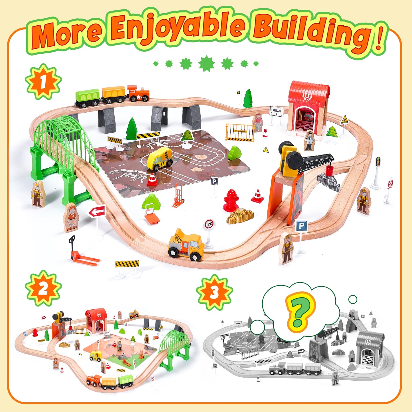 Wooden Train Set 102-Piece for Toddlers Kids Ages 3-8, Double-Sided Expandable Train Track with Puzzles & Magnetic Crane Toys, STEM Railway Playset Gifts Compatible with Major Brands for Boys Girls
