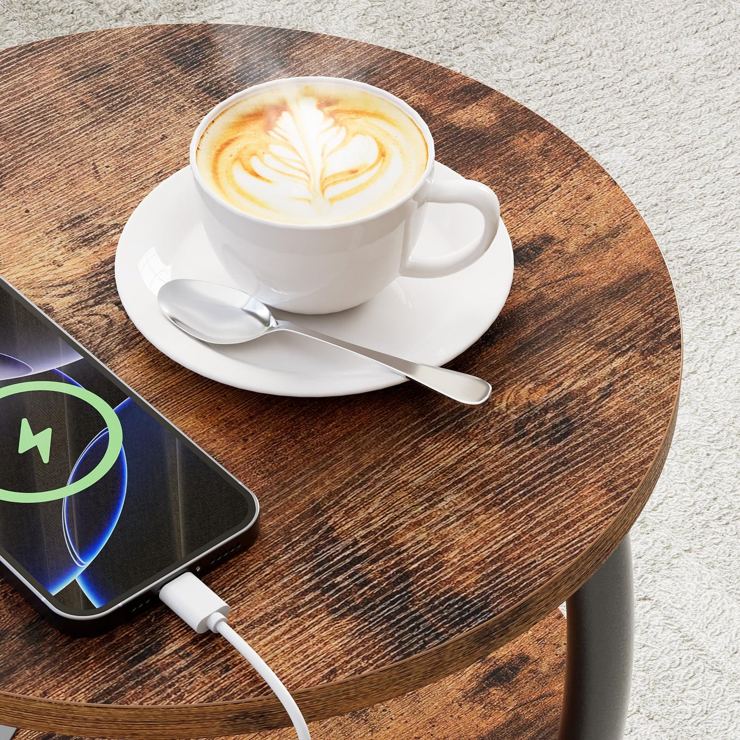 Yuede Round Side Table with Power Outlet & USB Ports, 3-Tier End Table with Storage Shelf, Modern Rustic Nightstand, Small Spaces Accent Table for Living Room Bedroom, Easy Assembly, Rustic Brown