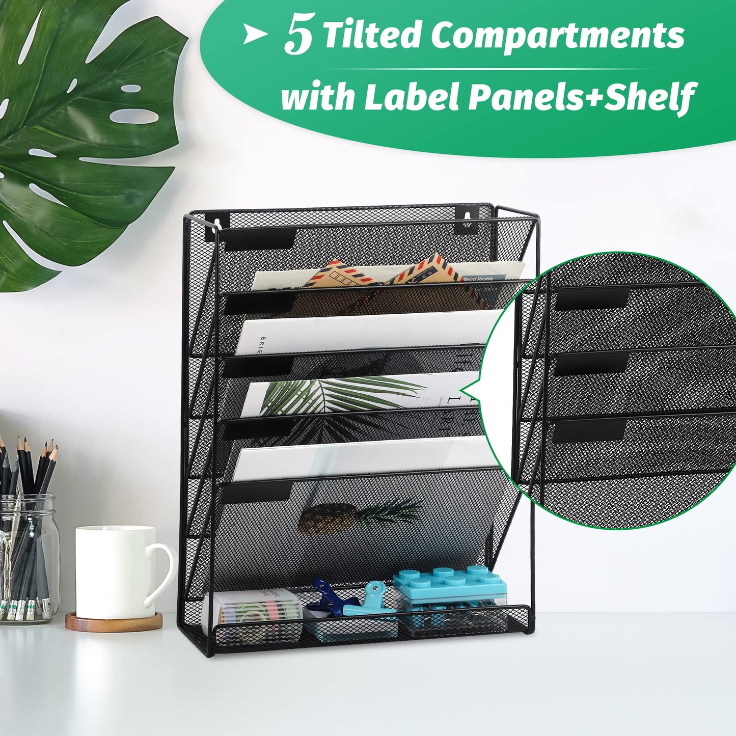 EASEPRES Desk File Organizer Mesh 6-Tier, Hanging Wall Mount Document Organization Stand, Desktop Vertical Mail Paper Folder Holder Rack with Bottom Tray for Office Home Cubicle Countertop, Black