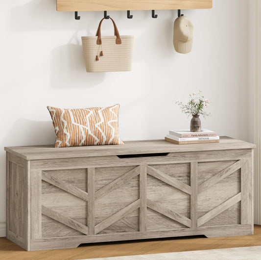 Zeibospri 51.2" Storage Chest, Extra Large Storage Bench with 2 Safety Hinges, Storage Trunk Supports 330 lb, Wooden Blanket Storage for Bedroom, livingroom, entryway, Greige
