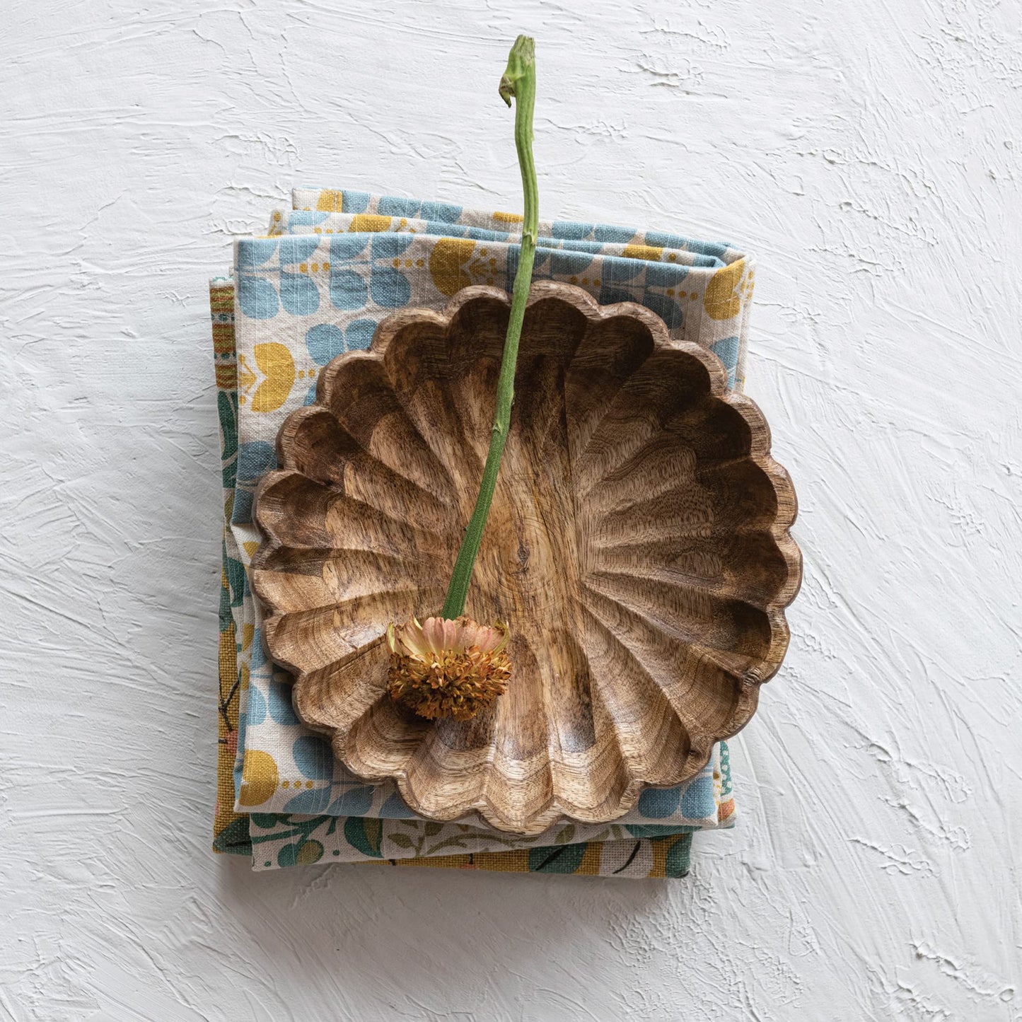 Creative Co-Op Boho Carved Wood Bowl with Scalloped Edge, Natural