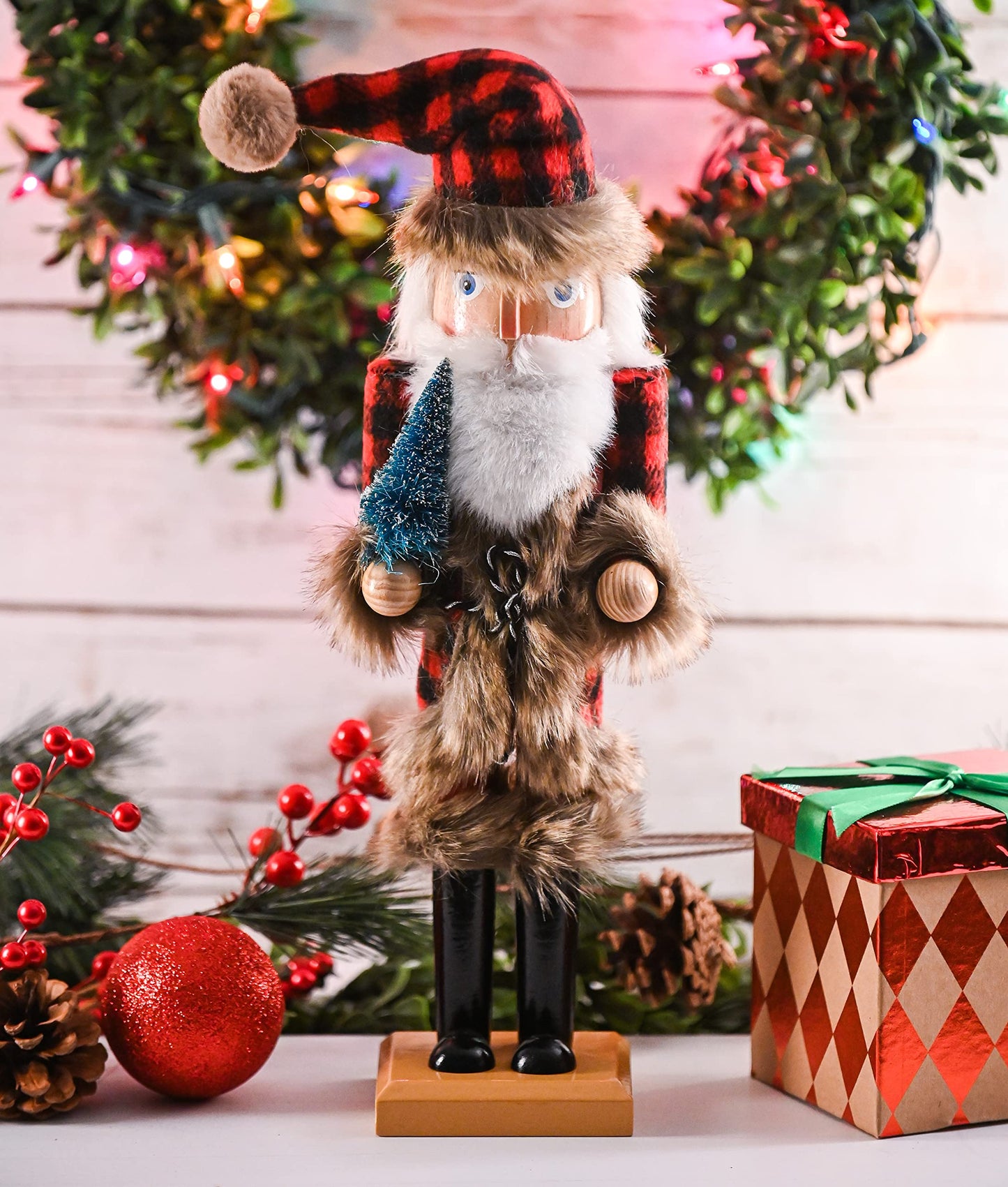 Ornativity Christmas Nostalgic Santa Nutcracker – Red and Black Wooden Nut Cracker Santa Clause Man with Buffalo Brown Fur Plaid Coat Holding a Xmas Tree Themed Holiday Doll Figure Decorations 15"