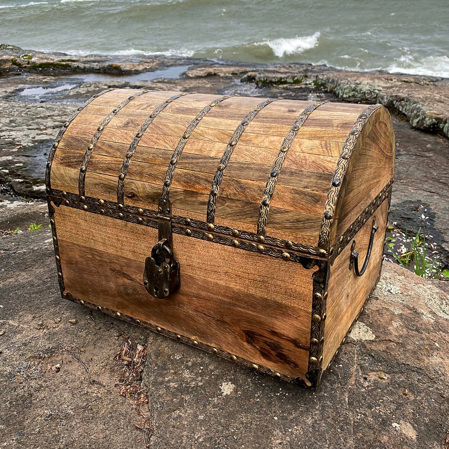 Nautical Cove Antique Finish Wood Treasure Chest with Decorative Rivets and Reinforcing Iron Strips with Lock and Skeleton Keys (Light Antique, X-Large 16x12x12) - Wooden Keepsake Box, Storage Chest