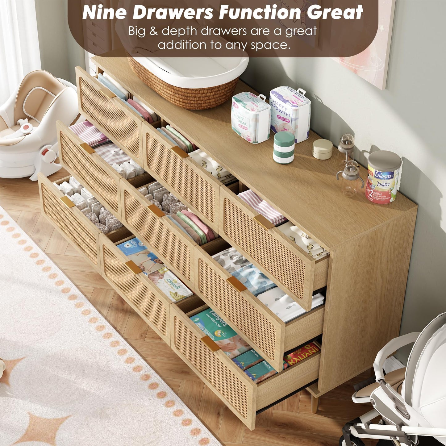 GarveeHome Rattan 9 Drawer Dressers for Bedroom, Tall Dresser with Deep Drawers, Large Chest of Drawers for Closet with Wide Top, Long Wooden Dresser for Living Room, Hallway, Kids Room, Natural