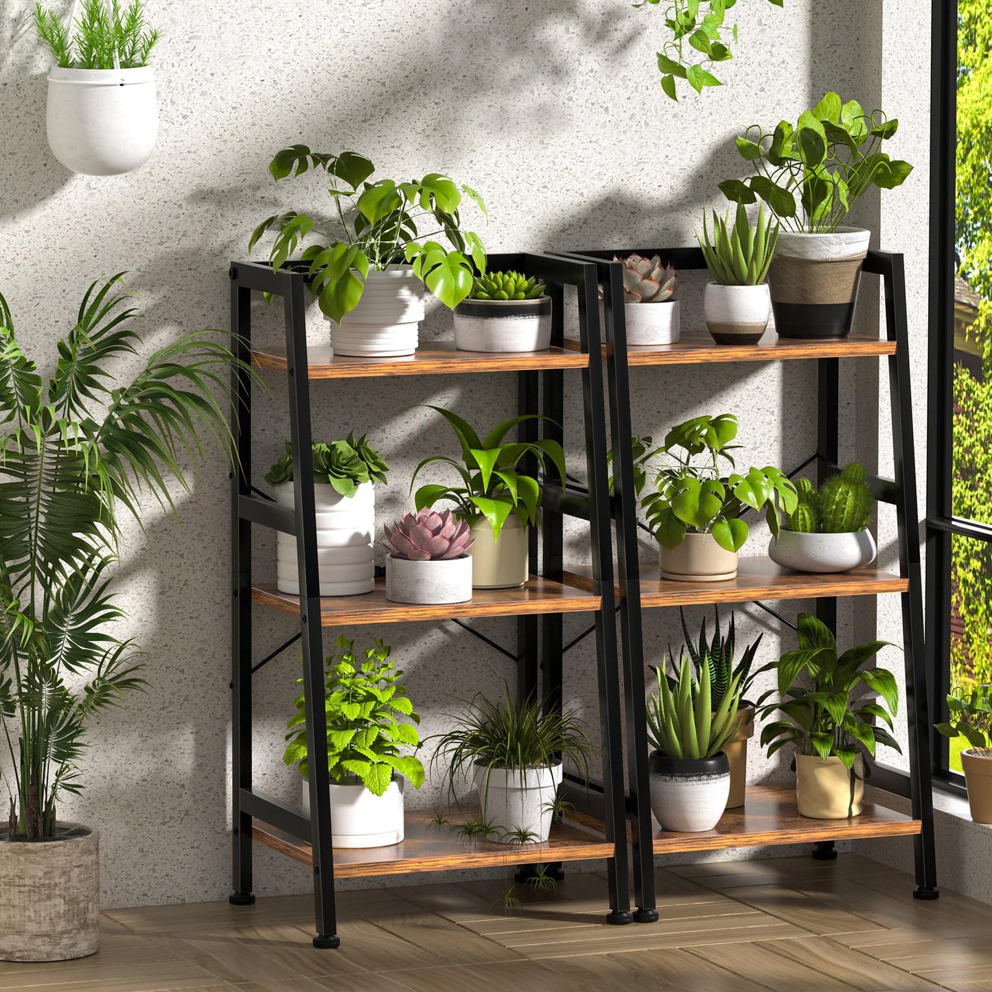 3-Tier Bookshelf, Ladder Shelf, Industrial Bookcase with Steel Frame, Metal Small Bookcase, stand up shelves for Living Room, Home Office, Kitchen, Bedroom, Industrial Style（Rustic Brown & Black）