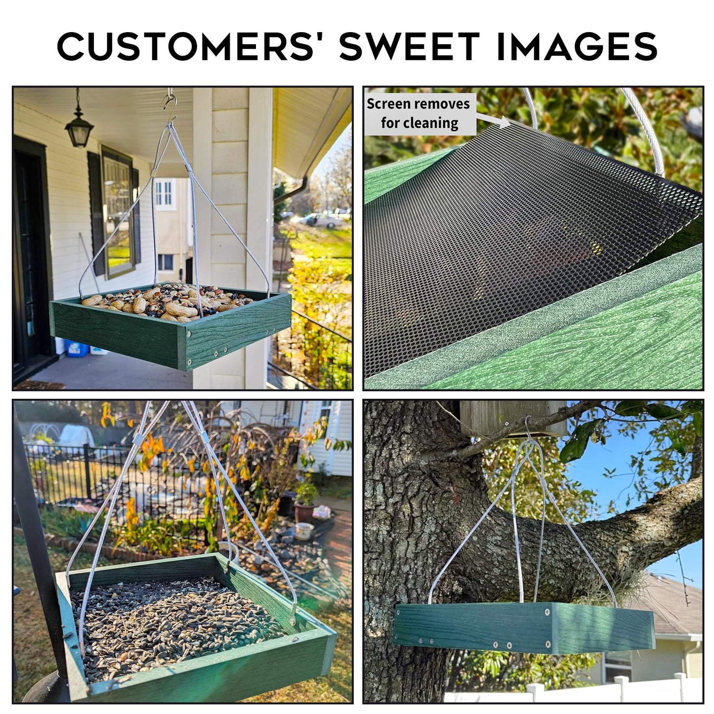 Gtongoko WPC Composite Platform Bird Feeder Hanging, Large 3.5 lbs Capacity, Durable, Seed Tray Bird Feeder for Outdoors with Metal Mesh Bottom Weather-Resistant for Garden Yard, Green