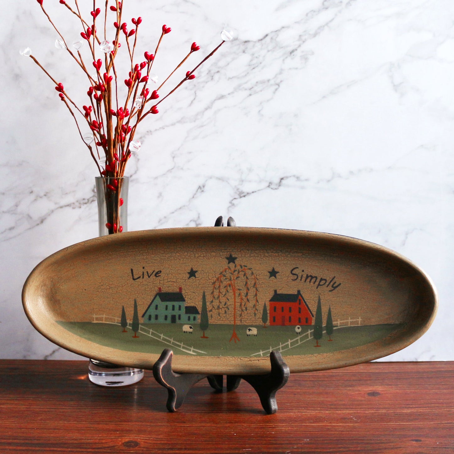CVHOMEDECO. Primitive Rustic House Willow Tree Sheep Wood Decorative Plate Oval Crackled Display Wooden Plate Home Décor Art, 15-1/2 X 5-3/4 Inch