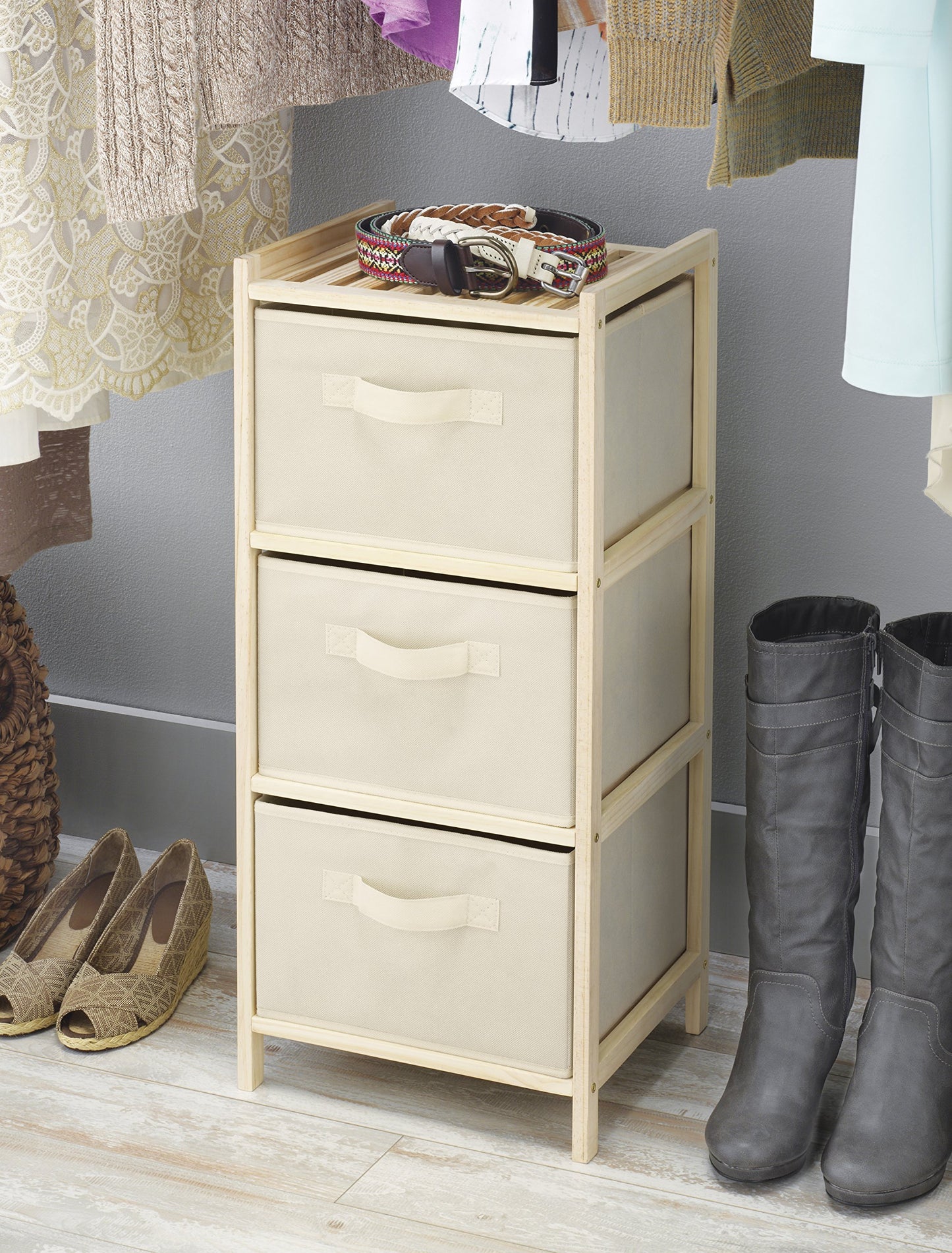 Whitmor 3 Drawer Wood Chest Organizer, Natural Pine Storage with Pull Out Fabric Bins, Easy Assembly, Compact Design for Bedroom Closet Nursery, 11.0"L x 10.0"W x 25.5"H