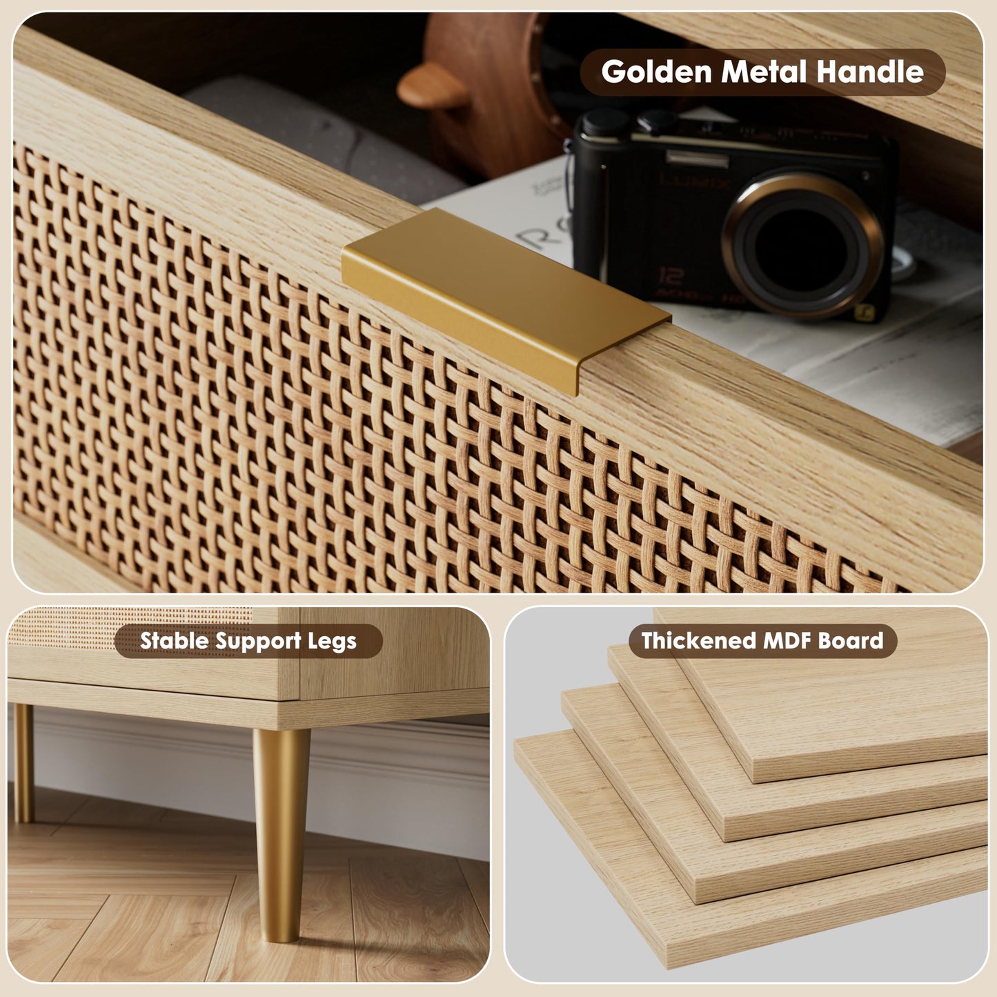 GarveeHome Rattan 8 Drawer Dressers for Bedroom, Tall Dresser with Deep Drawers, Large Chest of Drawers for Closet with Wide Top, Long Wooden Dresser for Living Room, Hallway, Kids Room, Natural
