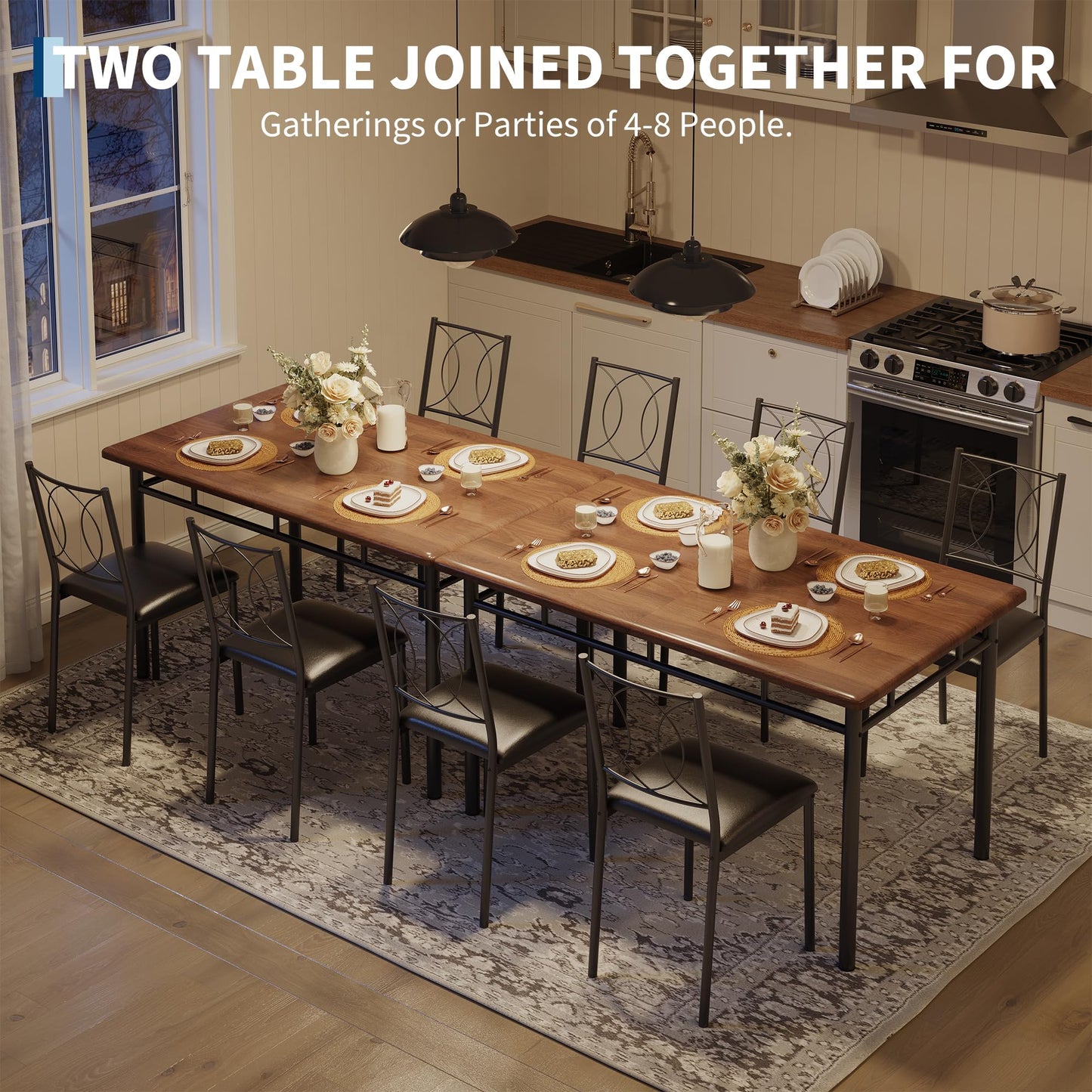 IDEALHOUSE Space-Saving 5-Piece Dining Table Set for 4 – Farmhouse Wooden Table with Upholstered Chairs – Compact Dining Furniture for Small Spaces, Easy to Clean – Walnut Color