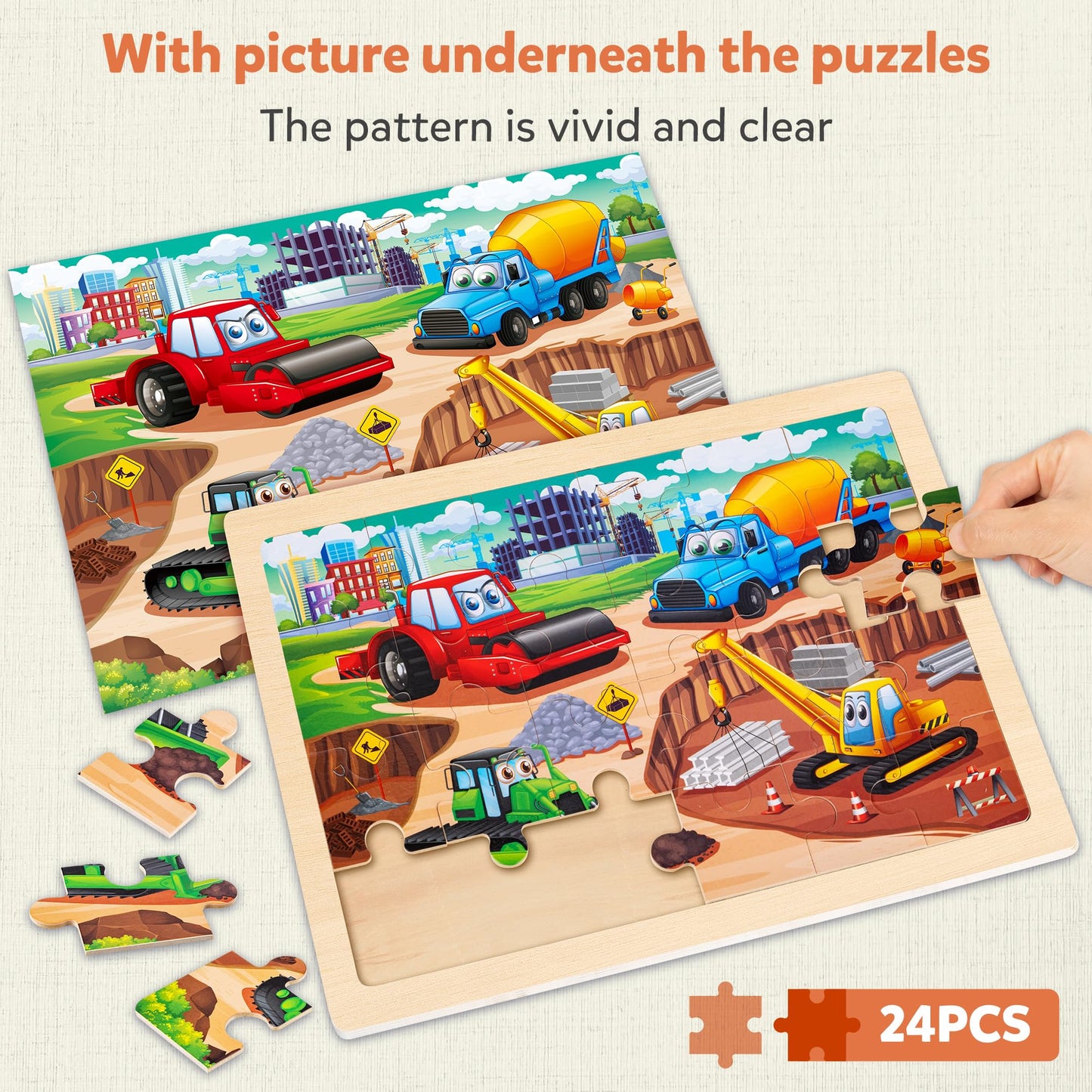SYNARRY Large Wooden Construction Vehicle Puzzles for Toddlers 3-5, 24 Piece Monster Truck Puzzles for Kids Ages 4-6, Construction Toys for 3 4 5 6 Year Old, Kids Toys Easter Basket Stuffers Gifts