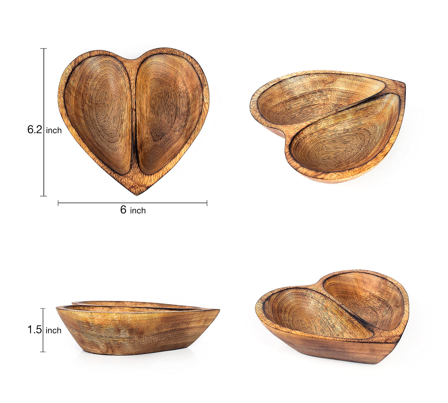 WitnyStore Heart Shaped Wood Bowl 6" Brown 2 Partitioned Handcraft Wooden Bowls Collectible Functional Serving Tray Dish Plate Hand Made Decorative Tableware Candy Nuts Desserts Fruit Home Décor Gifts