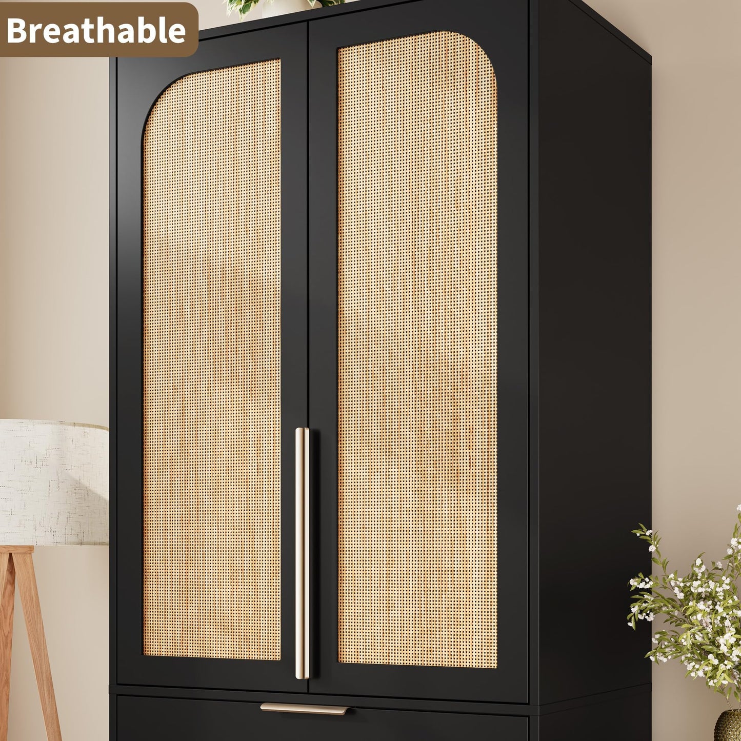 Garvee 70" Wardrobe Armoire Wooden Closet with 2 Doors and 3 Drawers, Bedroom Armoire with Hanging Rod Shelf, Large Capacity Storage Wardrobe Armoire, Freestanding Wooden Closet Storage Cabinet