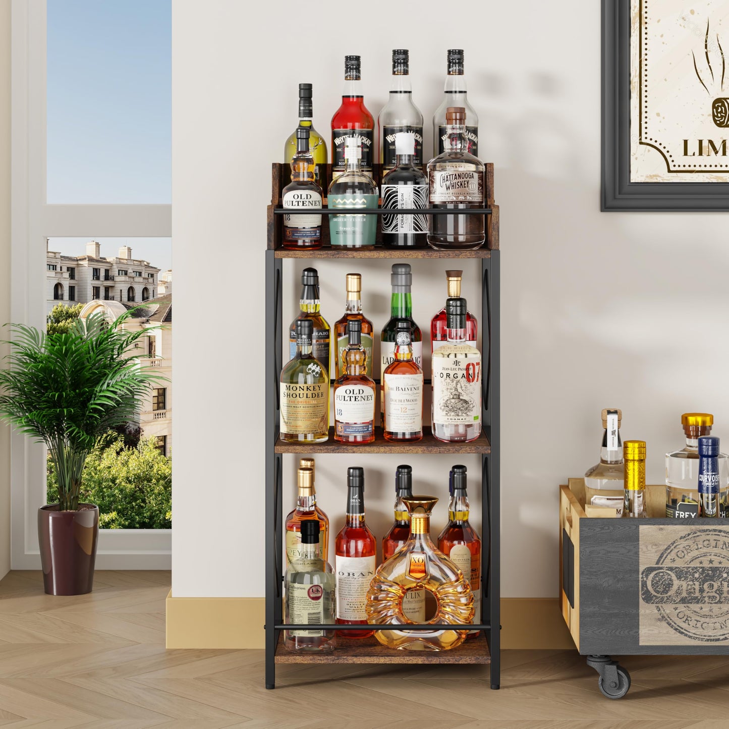 KLM Liquor Bottle Display Shelf, Coffee Syrup Rack Organizer, 3 Step Countertop Wine Rack, Mini Bar, Retro Bar Shelf Stand for Whiskey, Spirits.(Brown)