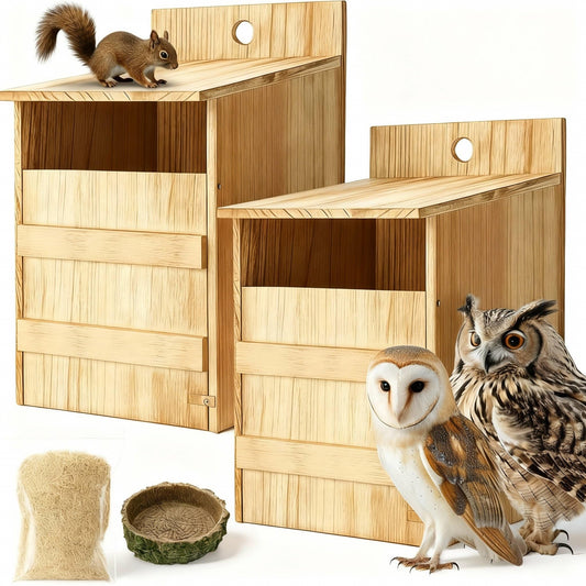 AceOrbit 2 Pack Large Squirrel House Screech Owl Nesting Box Kit for Outside 15.4 x 10.5 x 9'' Carbonized Wooden Bird House Opening Easy Assemble Easter Shelter Gift with Water Bowl Wood Shavings Tool
