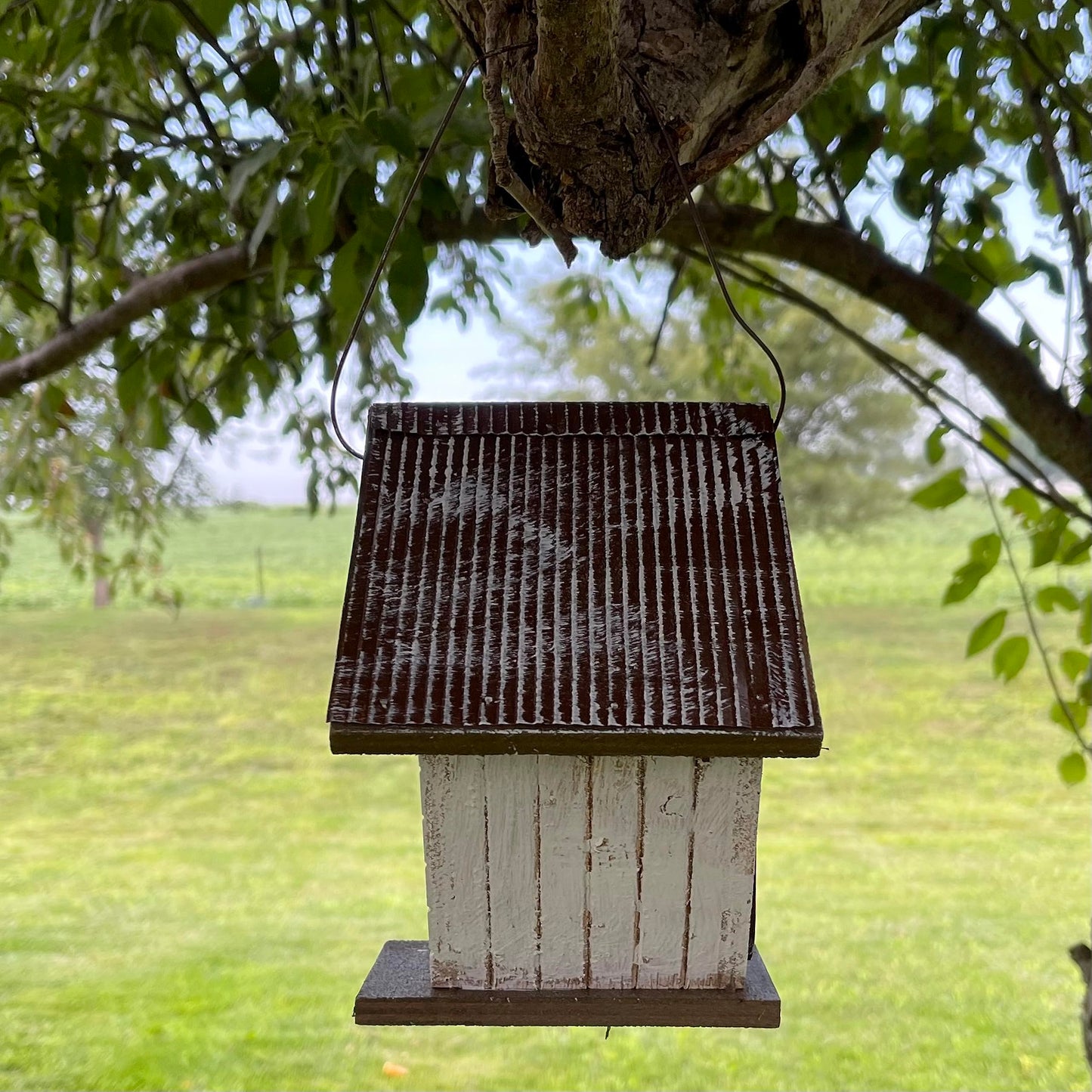 Backyard Essentials Shiplap Wren House - White Hanging Bird House - Wooden Birdhouse with Cable Hanger