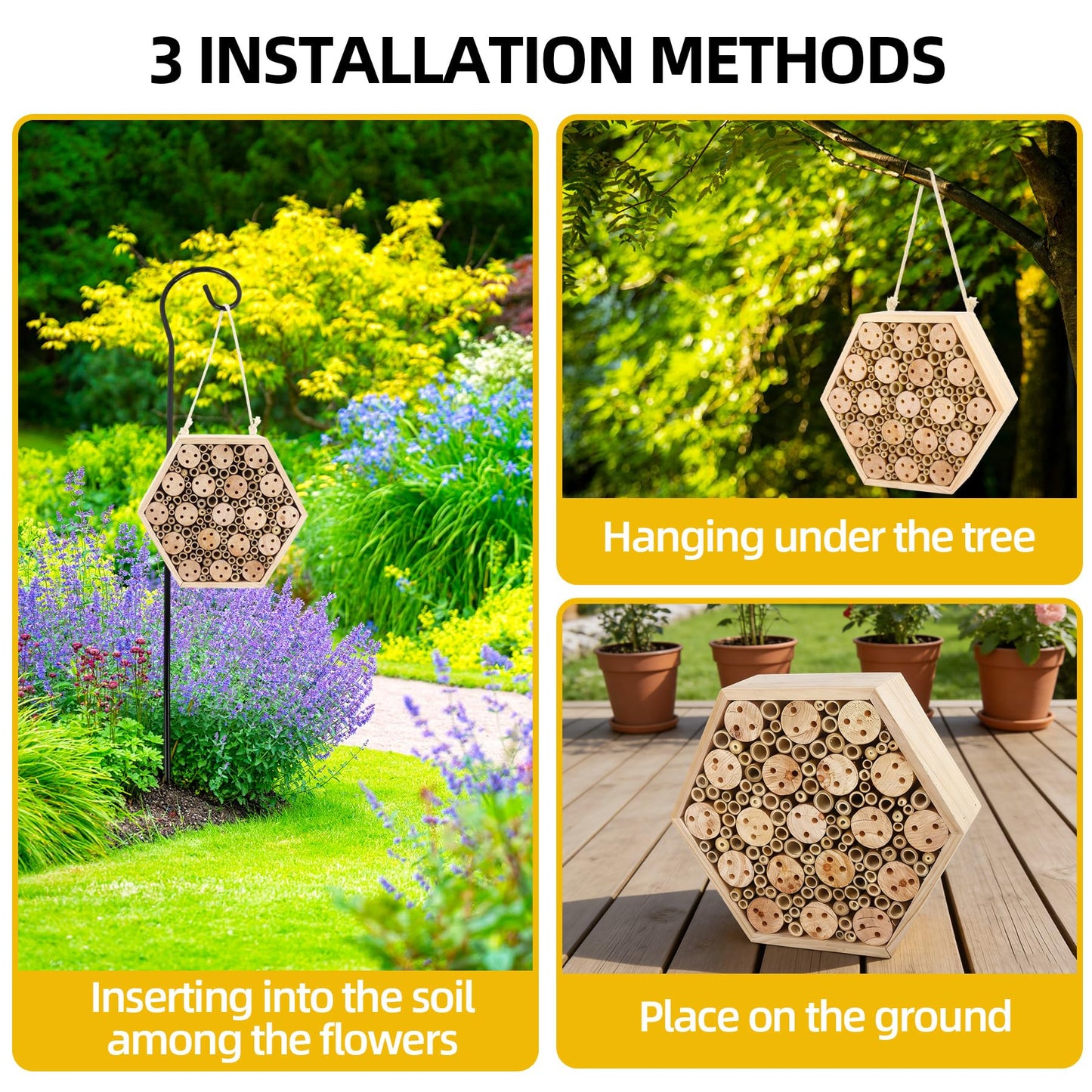 Dmnnlp Mason Bee House, Natural Wooden Hexagon Bee House with Metal Stake & Cleaning Brush, Hanging Bees Box Habitat to Attract Pollinators, Garden Decoration, Gift for Bee Lovers