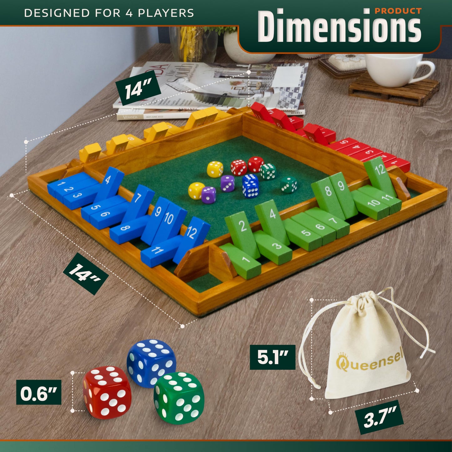 Large Shut The Box Game Wooden for 4 Players - Math Games -Family Games for Kids and Adults - 14-inch Close The Box Game 12 Numbers - Family Board Games