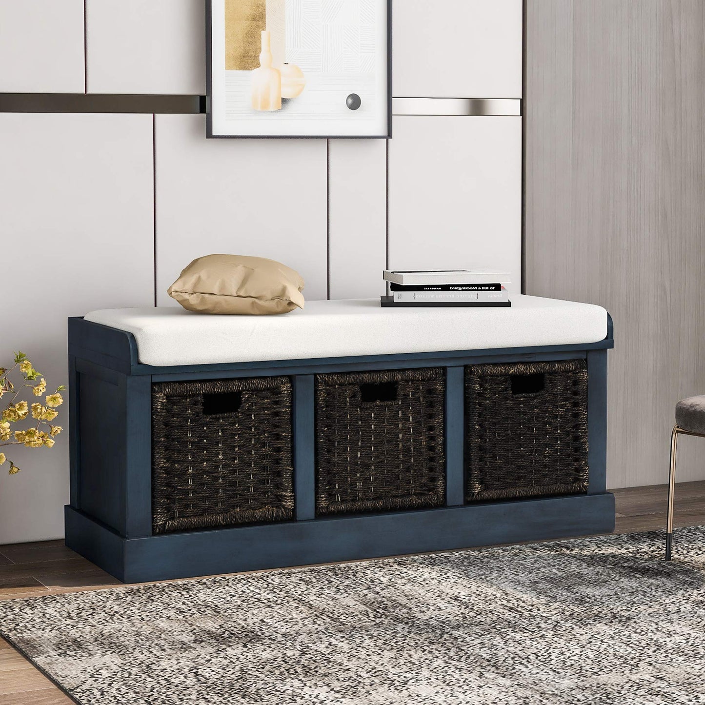 Ball & Cast 43.7" Wood Frame Entryway Storage Bench w/ 3 Movable Rattan Panel Drawers&Cushion, Rustic Shoe Rack Bedroom End of Bed Bench with Upholstered Seat, No Assembled Needed, Antique Navy