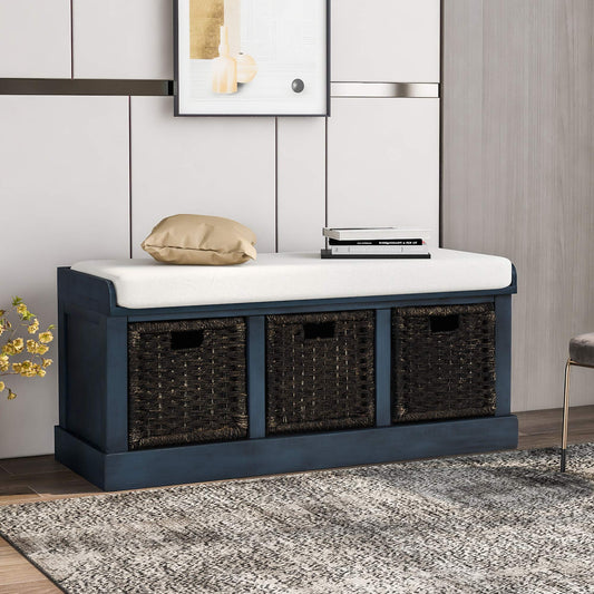 Ball & Cast 43.7" Wood Frame Entryway Storage Bench w/ 3 Movable Rattan Panel Drawers&Cushion, Rustic Shoe Rack Bedroom End of Bed Bench with Upholstered Seat, No Assembled Needed, Antique Navy
