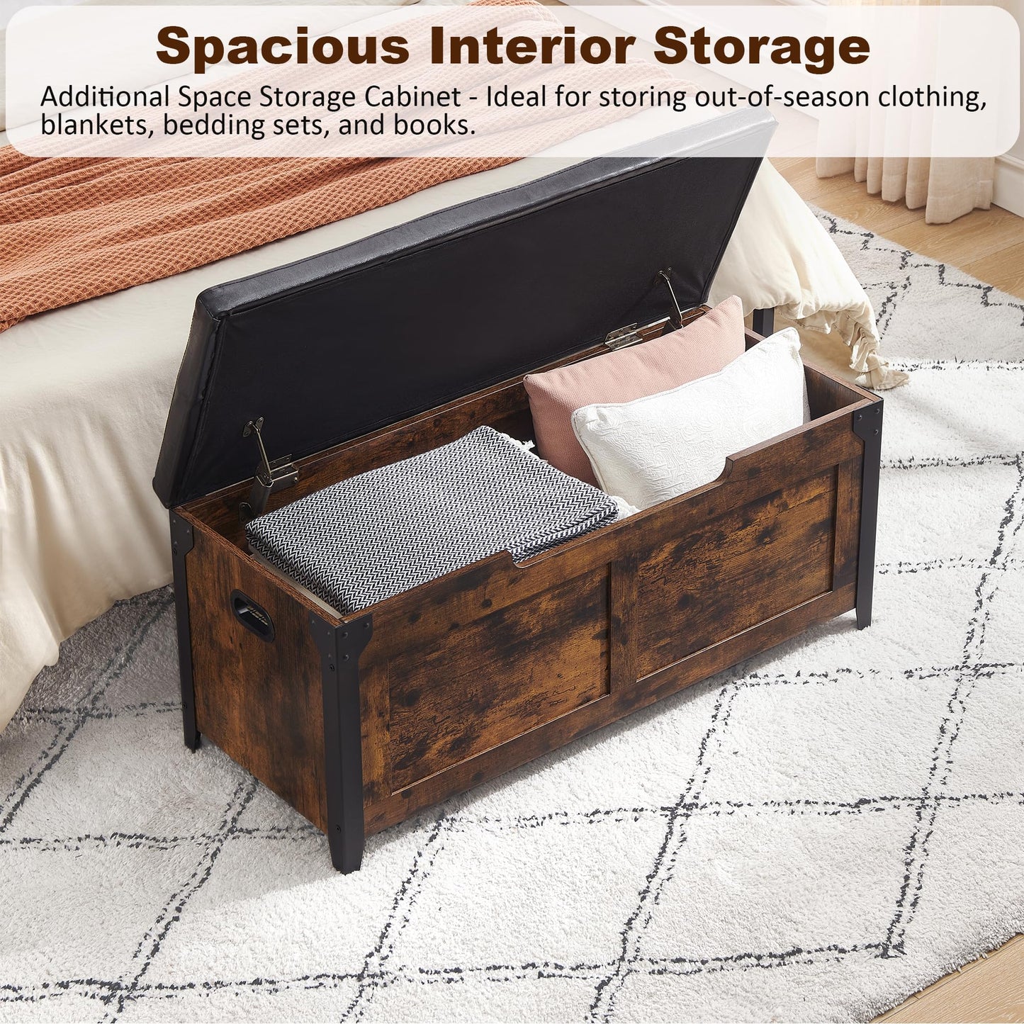 IDEALHOUSE Storage Bench, 39.4" Retro Wooden Storage Chest with 2 Safety Hinges, Loads 300 lb, Easy Assembly, Storage Ottoman Bench for Bedroom Entryway Living Room, Rustic Brown