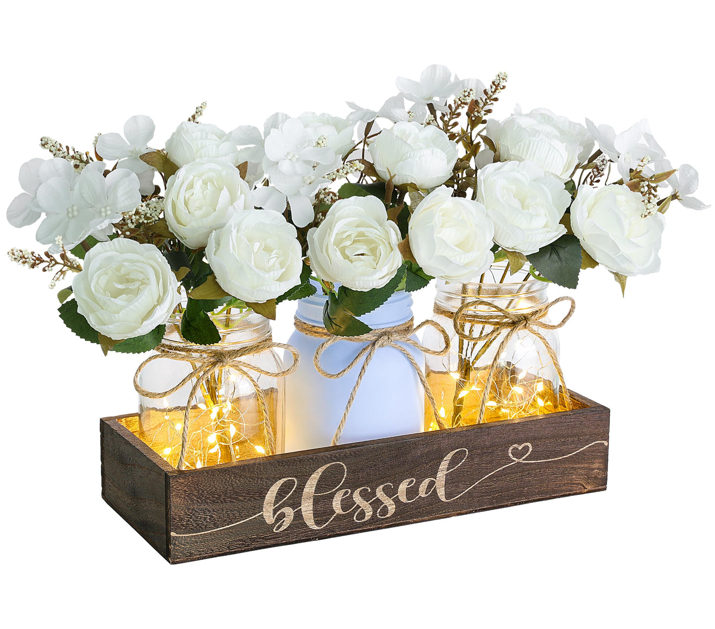 Fancyplus 3 Pcs Mason Jar Centerpiece with Wood Tray & LED Light, Farmhouse Table Decor for Dining Room Kitchen Living Bathroom, Blue