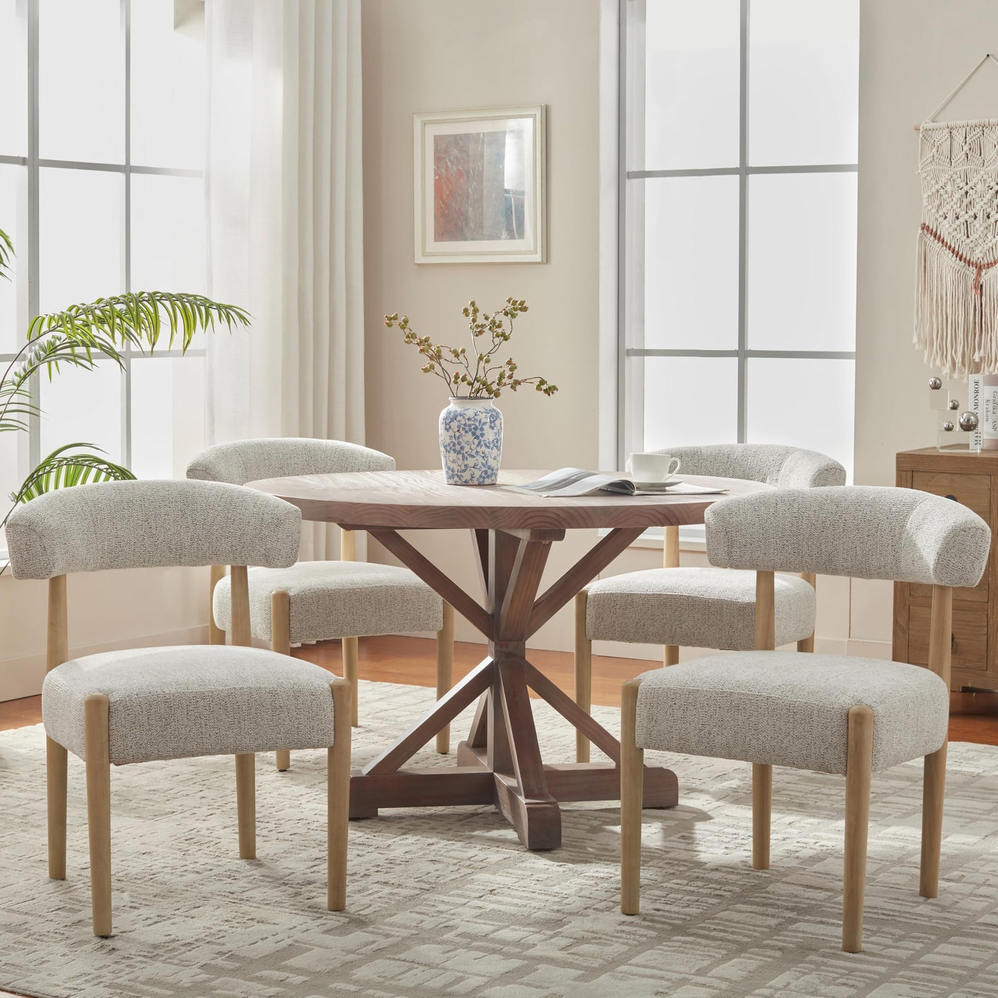 VKNOW Wooden Dining Chairs Set of 4, Modern Upholstered Dining Room Chairs with Rubberwood Legs and Curved Backrest, Fabric Kitchen Chairs for Farmhouse/Living Room/Dining Room, Heathered Off-White