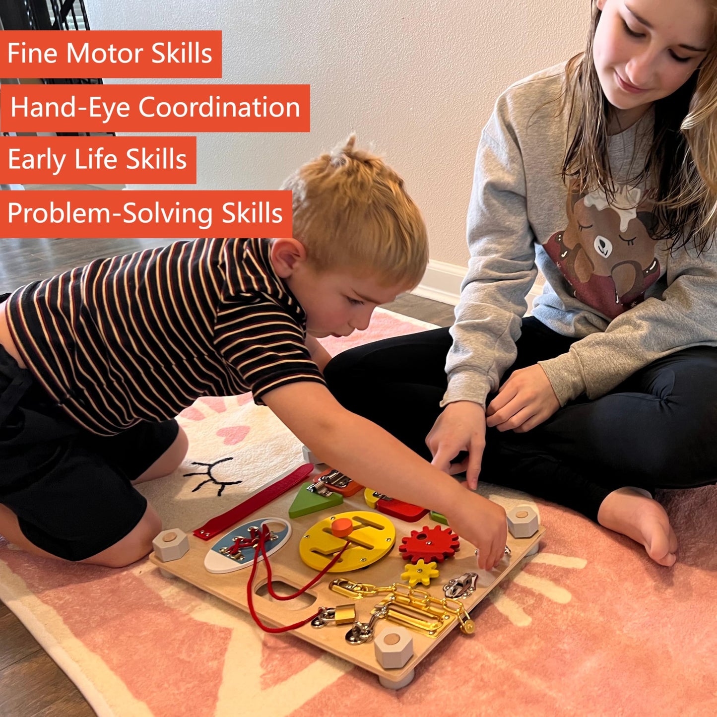 Smartwo Montessori Busy Board for Toddlers 3-5, Large Wooden Sensory Board with 20+ Learning Activities, Fine Motor Toy, Double-Sided Travel Busy Board for Preschool Boys & Girls