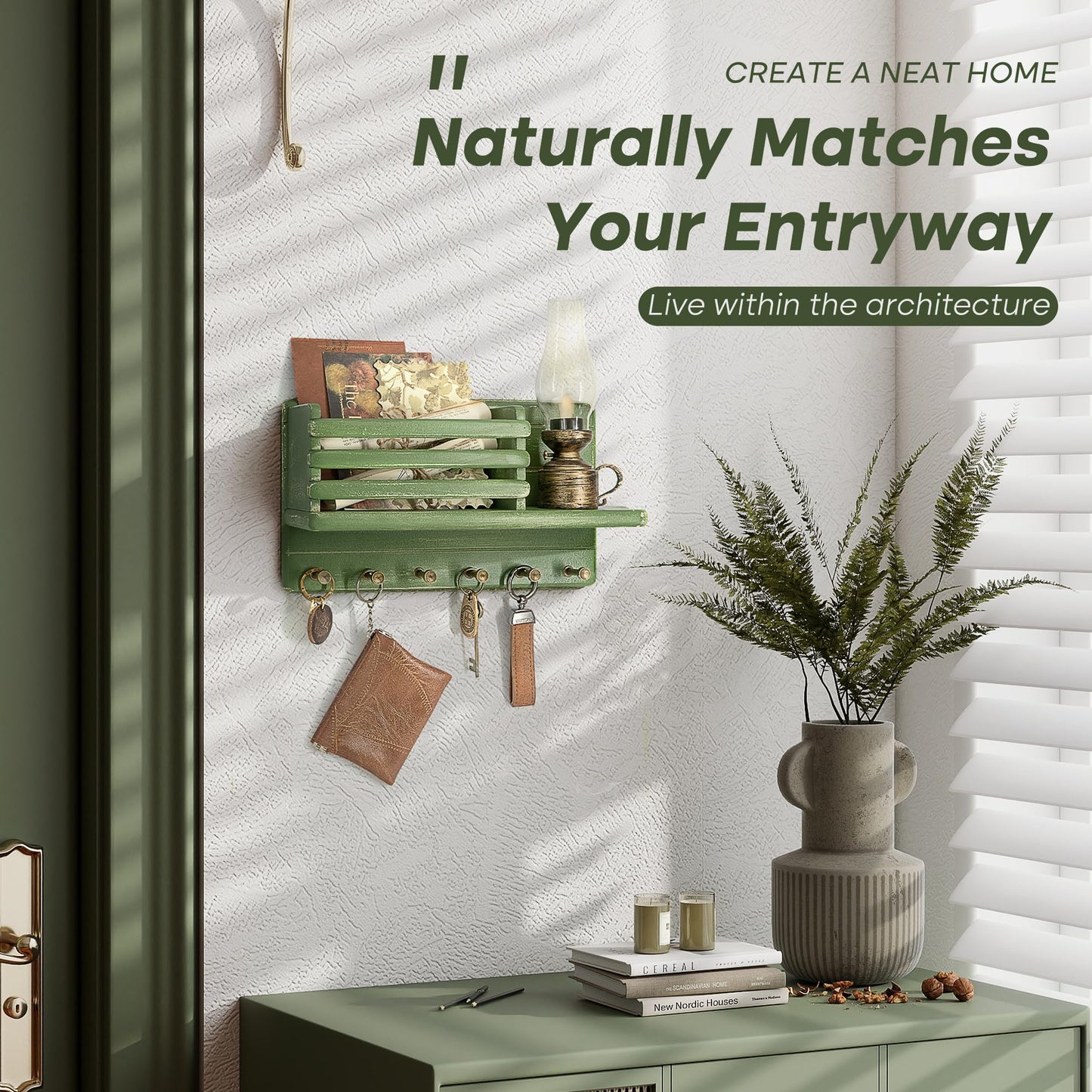 Rebee Vision Pine Wood Key Holder Wall Mount for Room Decor– 6 Hooks for Umbrella & Hats - Wooden Key Holder for Wall with Mail Slot Can Store Letters and Postcard (Green)