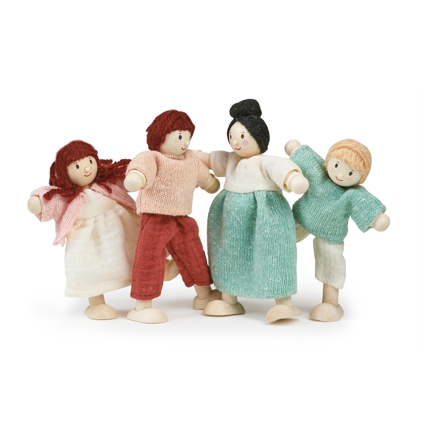 Mentari Toys - The Honeybunch Doll Family - 4pc Poseable Wooden Doll Set with Fabric Clothes - Perfect for Dollhouses and Small World Play - Encourages Imaginative Play and Social Skills - Age 3+
