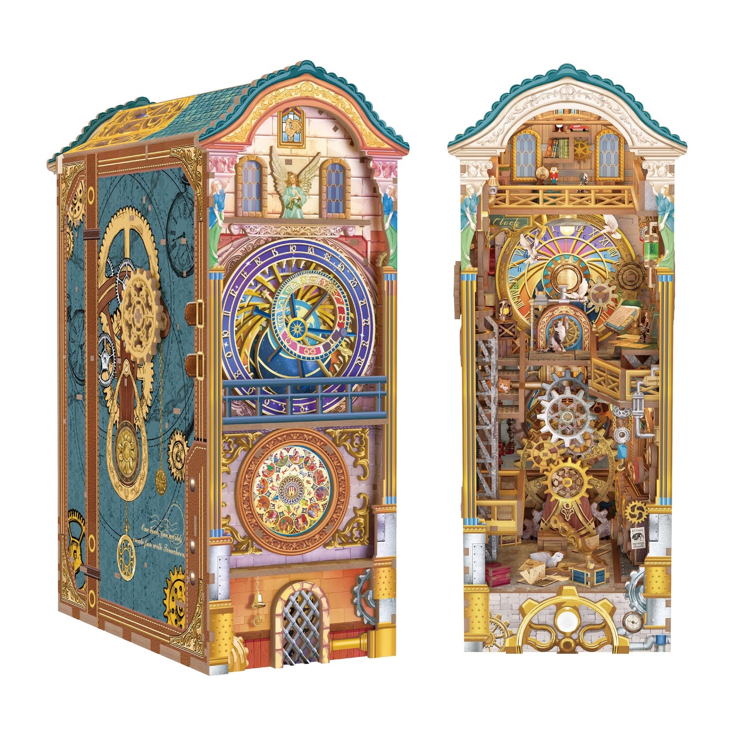 Tonecheer DIY Book Nook Kit for Adults, 3D Wooden Puzzle Bookend Miniature House Kit, Booknook Bookshelf Insert Decor with Dust Cover and LED Lights Gifts (Clock Tower)