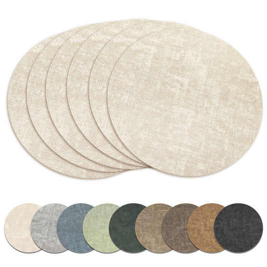 13" Round Placemats Set of 6, Reversible Faux Leather Heat Resistant Table Mats, 100% Waterproof Oilproof Wipeable Table Protective Placemats for Vinyl, Washable for Indoor & Outdoor Use (6, Beige)