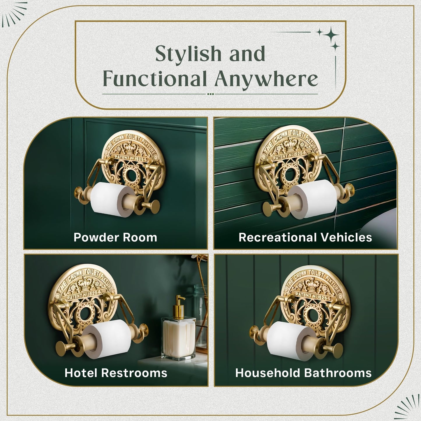Bright Brass Wall Mount Toilet Paper Holder 7.25" Wide Vintage Crown Style Solid Brass Easy Install Toilet Tissue Paper Holders with Wooden Roll for Bathroom | Renovators Supply Manufacturing